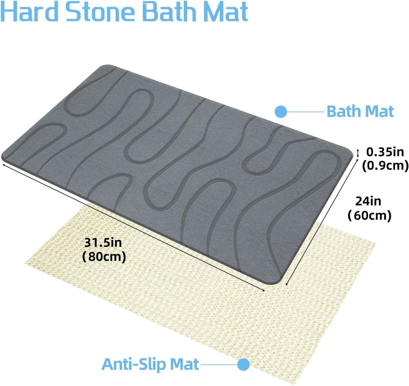 Stone Bath Mat, 24"x32" Large Size Diatomite Fast Drying Non Slip Stone Shower Mat, Super Absorbent for Bathroom & Kitchen, Multi-Use as Pet Mat, Easy to Clean, Gray