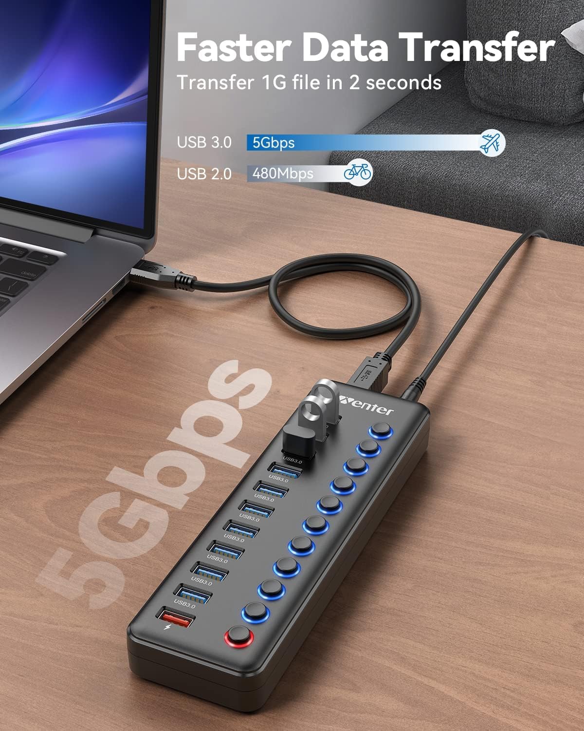 Hub USB Powered, hub splitter USB a 11 porte (10 porte di trasferimento dati e 1 porta di ricarica intelligente) con switch LED On/Off, USB Hub 3.0 alimentato con adattatore di alimentazione per Mac