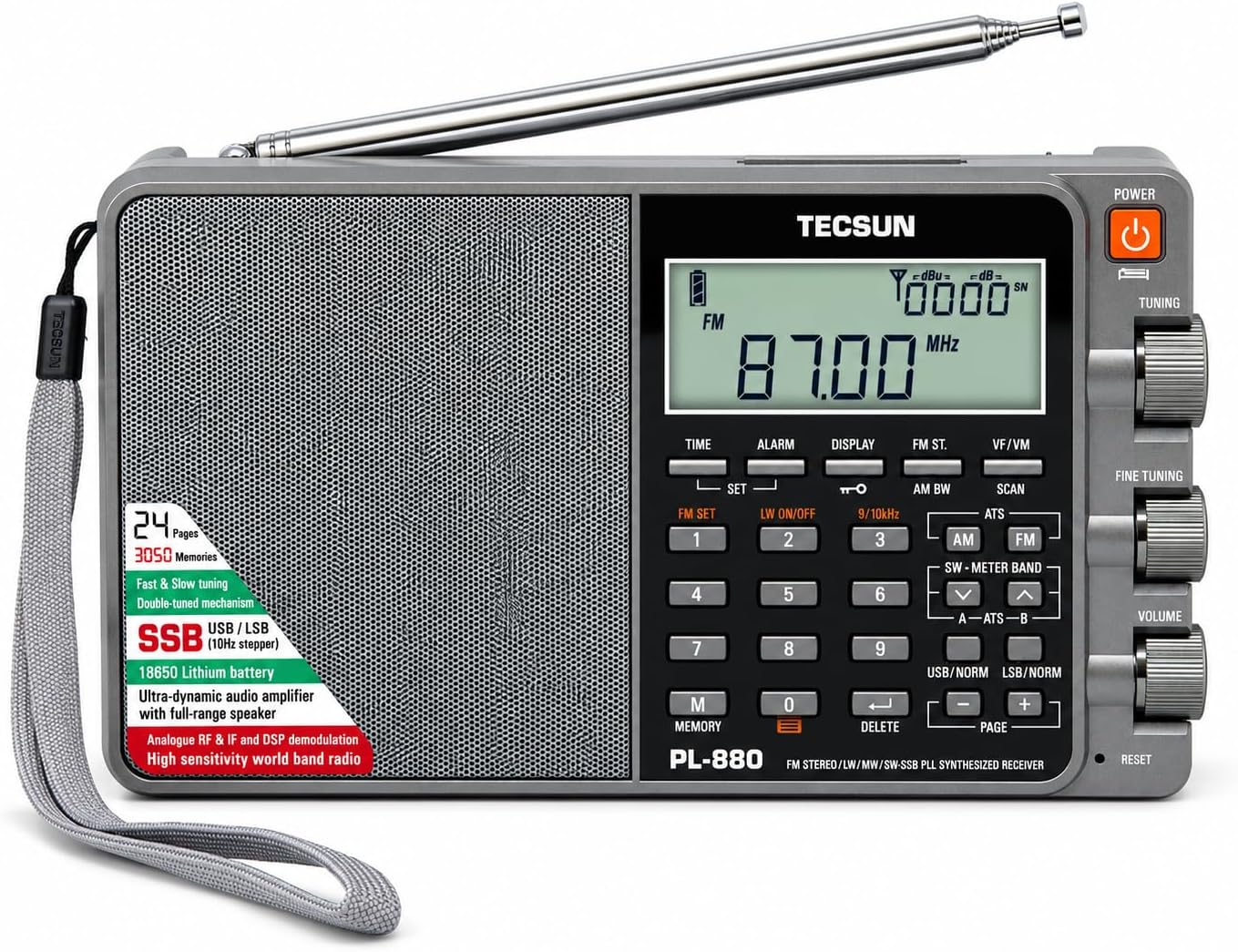 PL880 Portable Digital PLL Dual Conversion AM/FM, Longwave & Shortwave Radio with SSB (Single Side Band) Reception, Color Silver