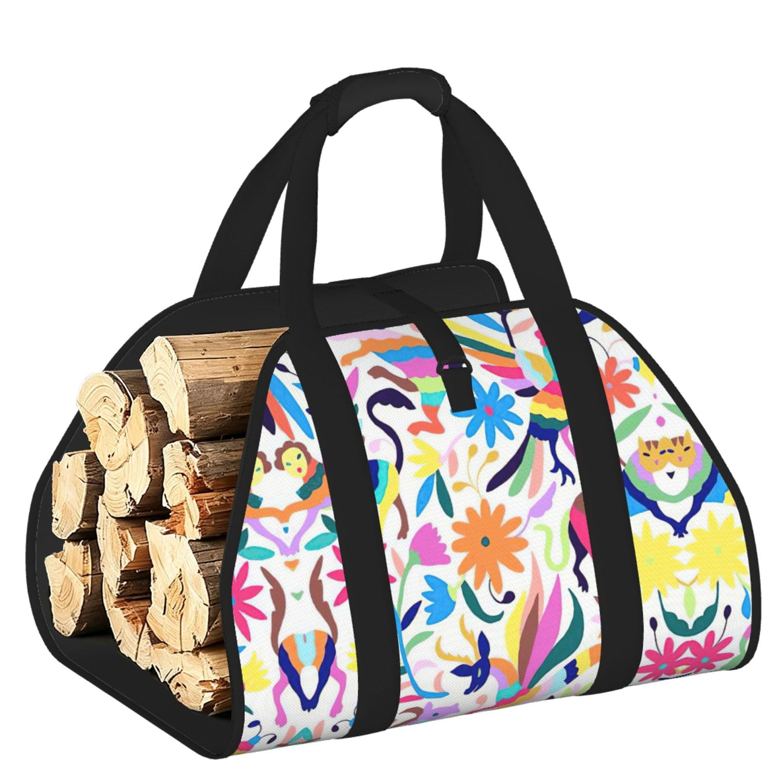 Mexican Otomi Animals Printed Firewood Carrier Bag, Log Tote with Open-Ended Design for Camping Outdoor Wood Hauling