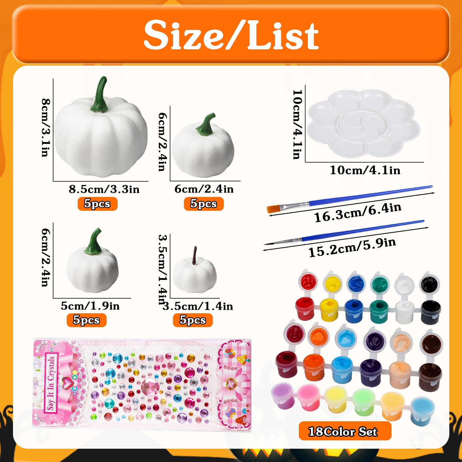 Fangoo 20 Piezas 4 Tamaños Calabazas Blancas Artificiales con Pigmento Pinceles Paleta de Clores Pegatinas Decorativas para Decoraciones de Halloween Accesorios Fotográficos