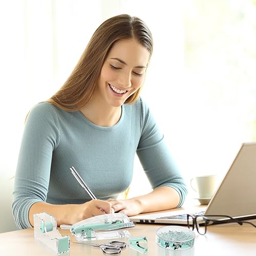 Miniatura 7 de Juego de suministros de oficina, juego de accesorios de escritorio, juego de grapas acrílicas, dispensador de cinta, clips para carpeta, clips de