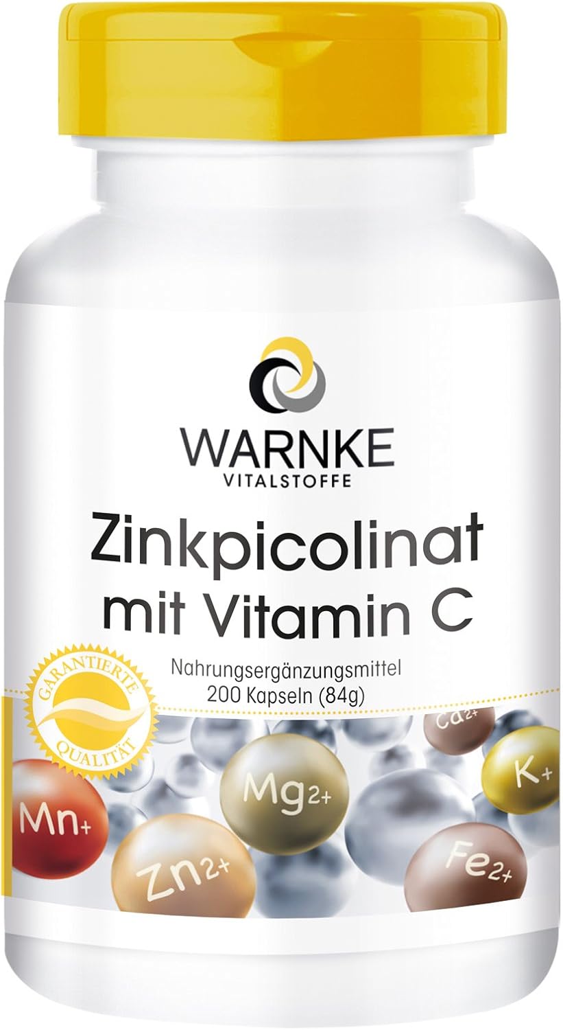Zink + Vitamine C – 15mg zink per capsule – hoge dosering & veganistisch – van zinkpicolinaat – 200 capsules | Warnke Vitalstoffe – Duitse apothekerskwalitei