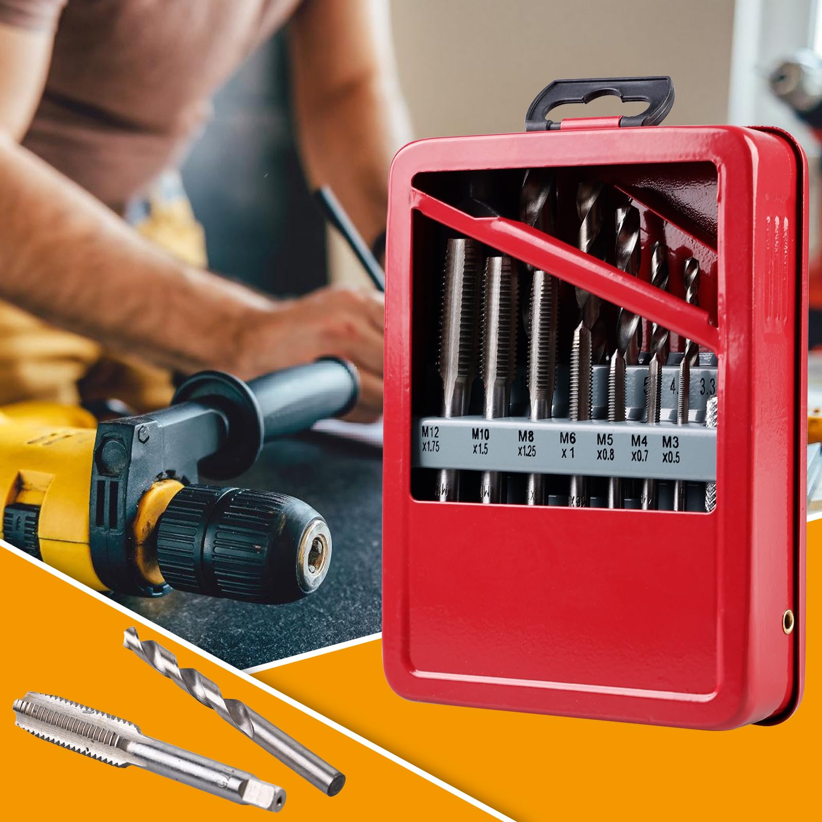 Jeu de tarauds avec cassette en métal : lot de 16 tarauds pour machine, tarauds à carotter, tarauds à tarauder, tarauds à tarauder avec foret
