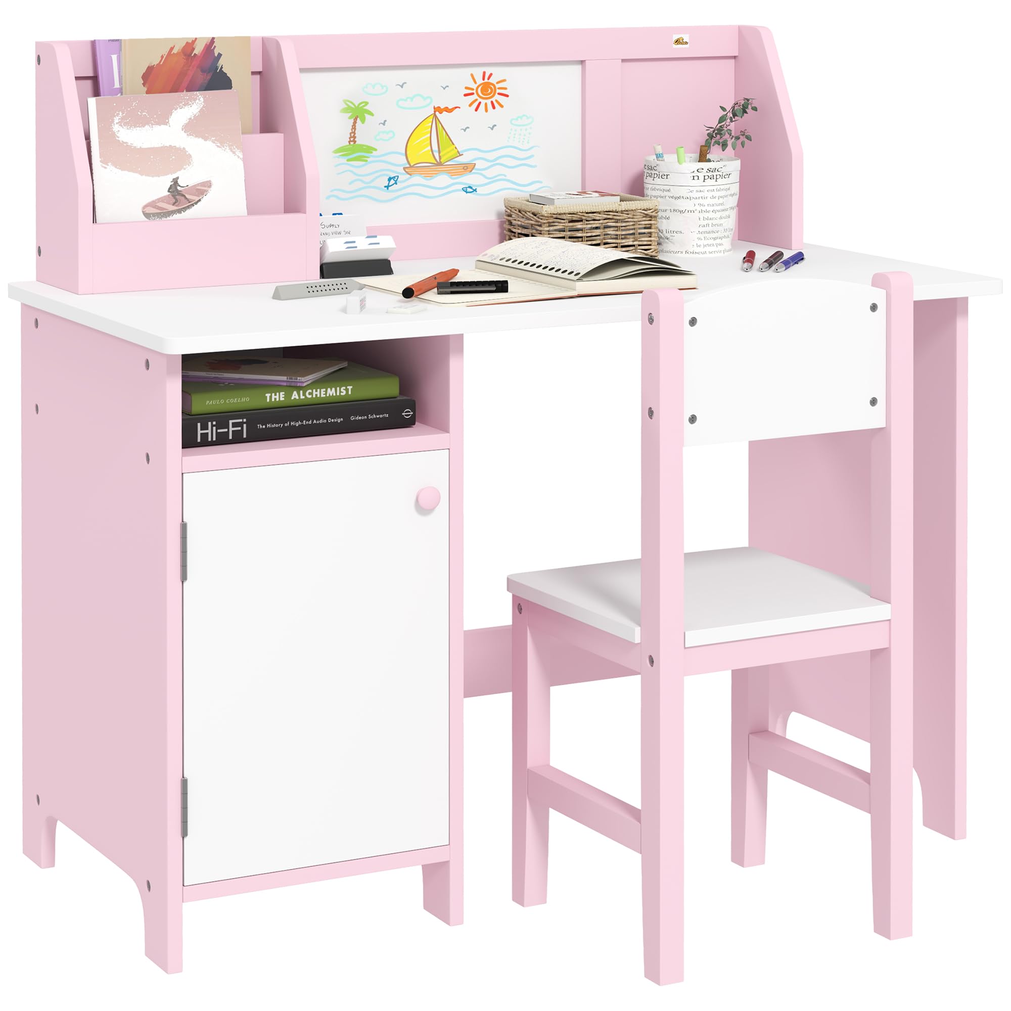Qaba Kids Pink Desk Chair Set with Whiteboard and Storage