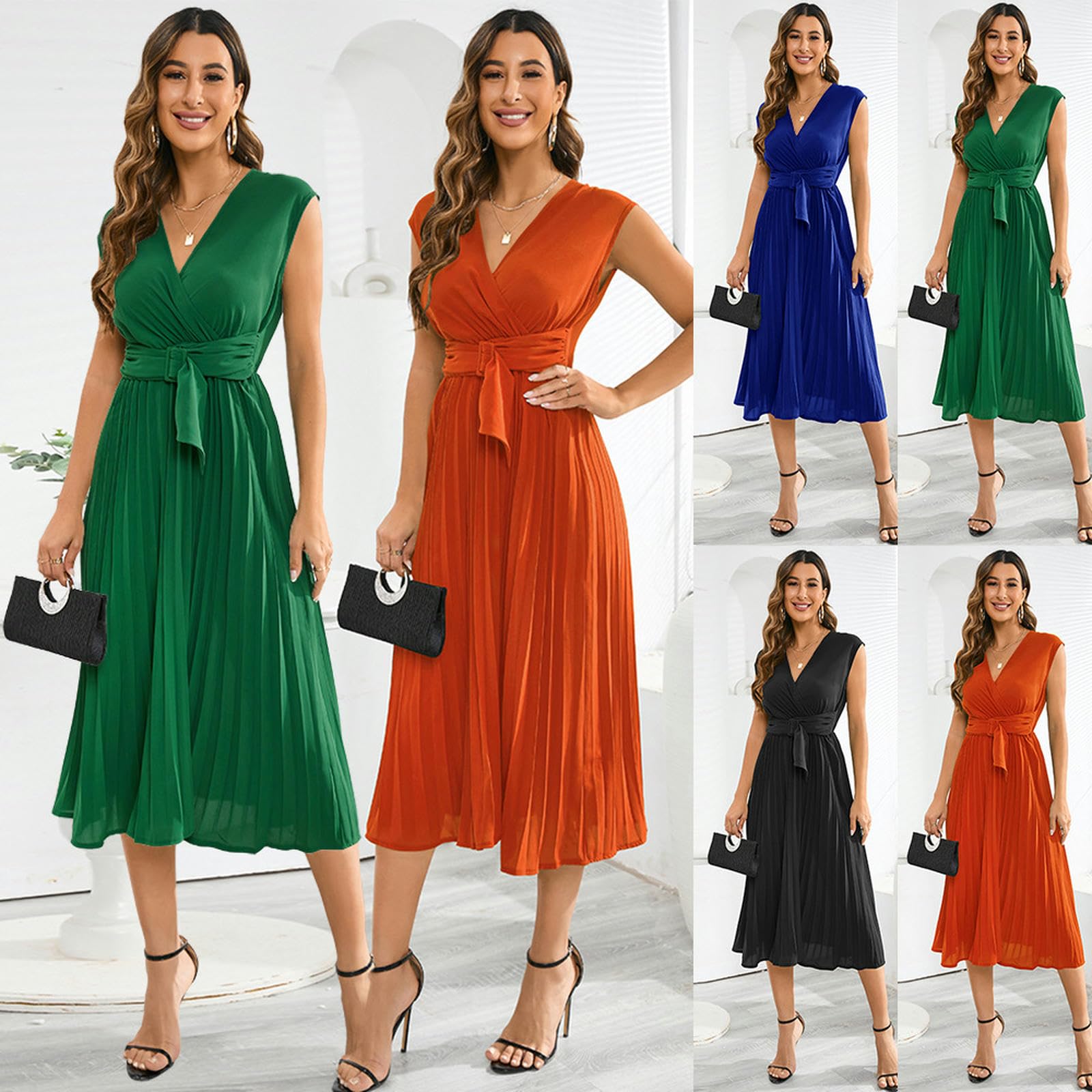 Abiti da Donna Abito Estivo Senza Maniche con Scollo A V E Cravatta, vestibilità Aderente, Gonna Midi Comoda E Plissettata, dalla S alla 2XL-b-m