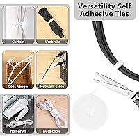 Vista 3 de Kit organizador de cables blancos, 2 protectores de fundas de alambre, 41 clips autoadhesivos, 10 unidades + 2 rollos de bridas reutilizables y 100