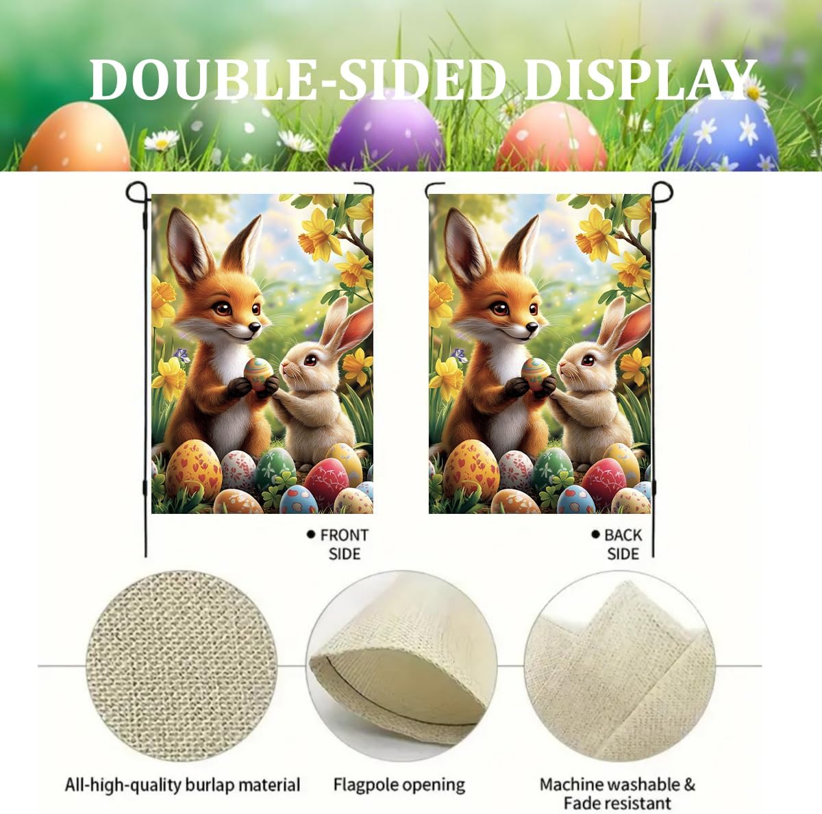 Easter Garden Flags for Outside 12x18 Double Sided, Small Burlap Floral Butterfly Eggs Fox Bunny Garden Flag Easter Holiday Outdoor Yard Decorations - Image 4