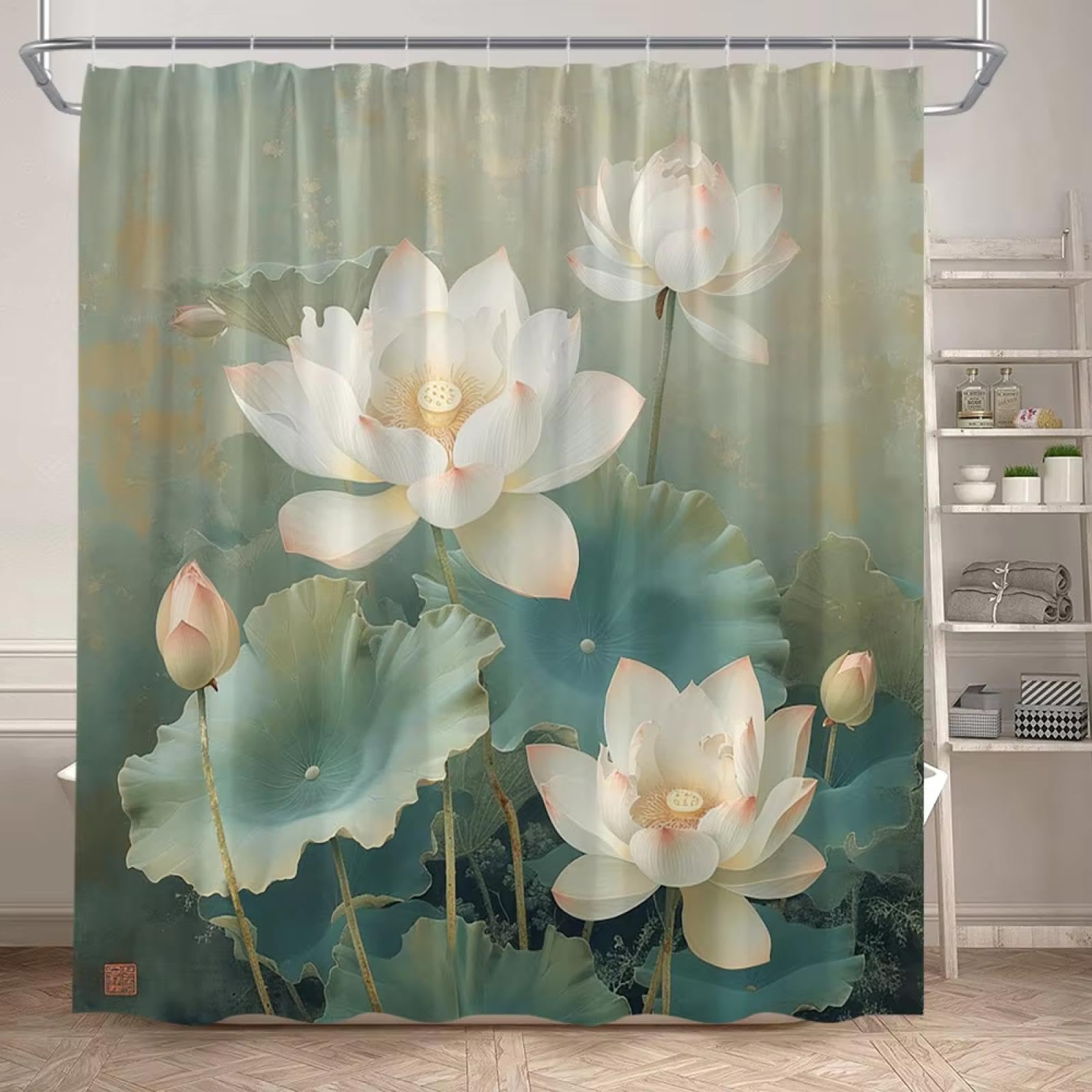 Rideau de douche imperméable feuilles vertes et fleurs de plantes pour salle de bain