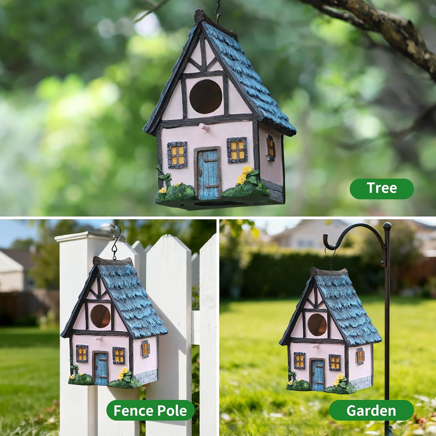 Bird Houses for Outside Pink Cottage Resin Birdhouse, Garden Outdoor Decor Bird House with Flower and Stone Details, Birdhouses for Outdoors for Bluebird Finches Cardinals