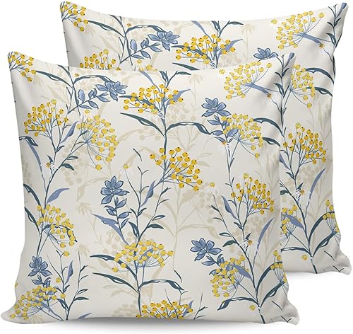 Miniatura 7 de Fundas de almohada para exteriores, impermeables, con diseño de plantas amarillas, bayas, azules, paquete de 2, estilo bohemio, botánico en beige,