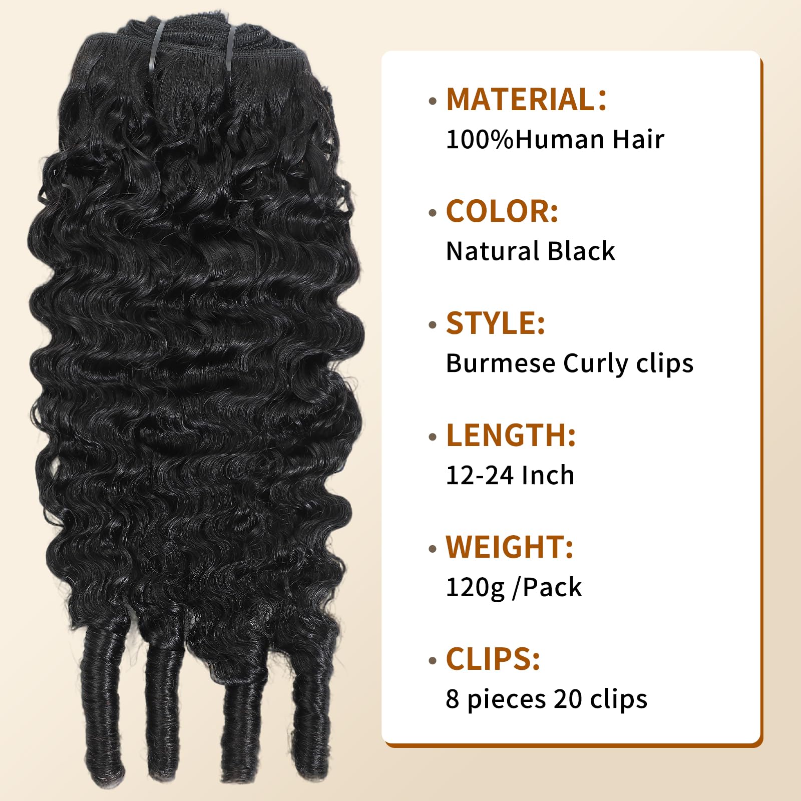 Burmese Curly Clip-In Human Hair Extensions, 8-Piece 120g Set