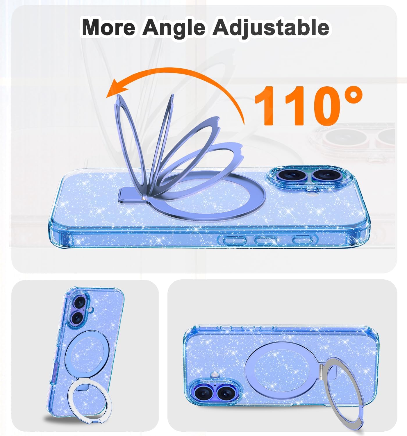 Lamcase for iPhone 16 Plus Case with Magnetic Invisible Ring Stand [Compatible with MagSafe], Full Body Rugged Slim Women Men Girl Shockproof Marble Pattern Design Case, Blue Clear/Glitter - Image 4