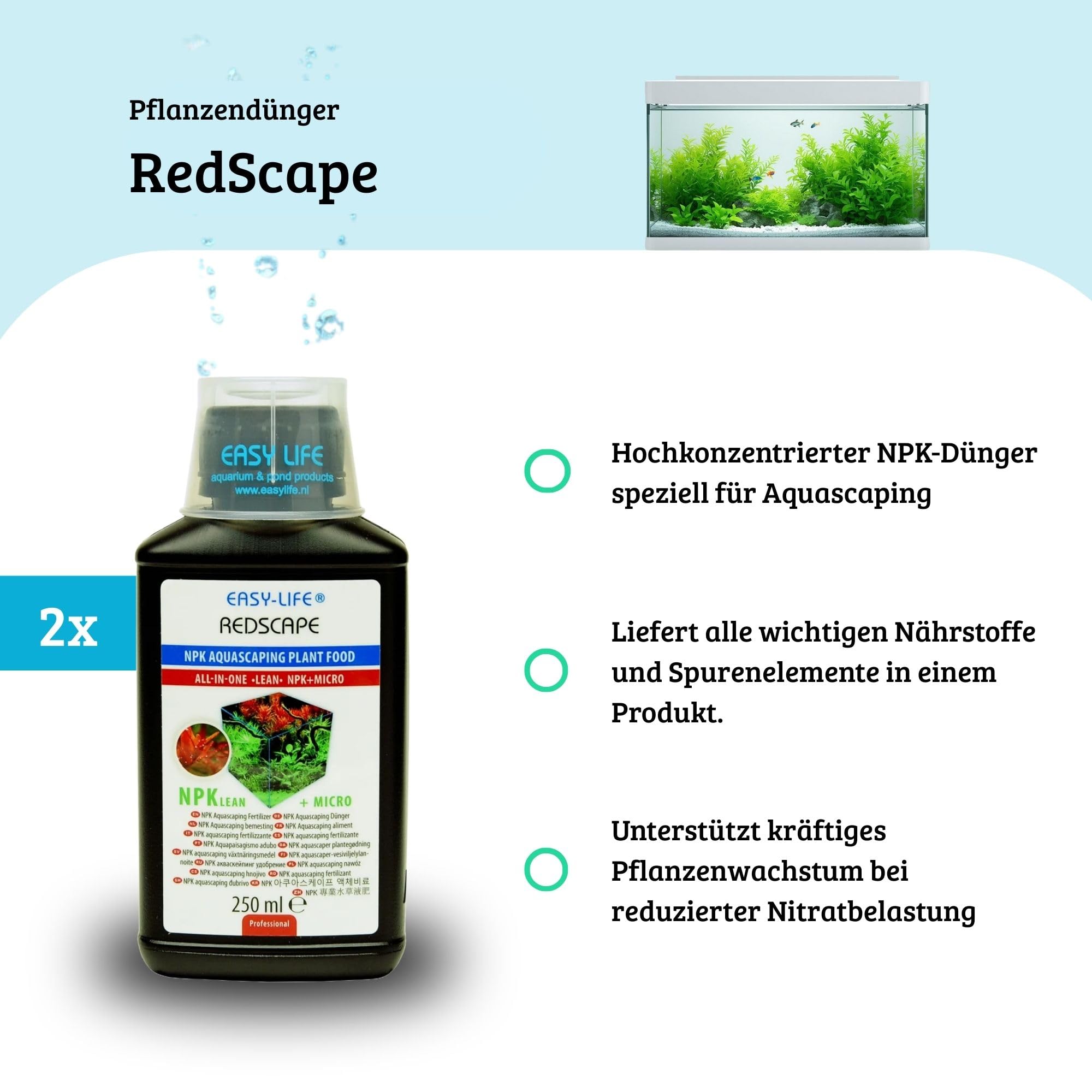 Easy Life RedScape 2er Pack – 2×250 ml NPK Flüssigdünger für Aquarienpflanzen, verstärkt rote Blattfarbe, mit Eisen & Spurenelementen, nitratreduziert & fischsicher