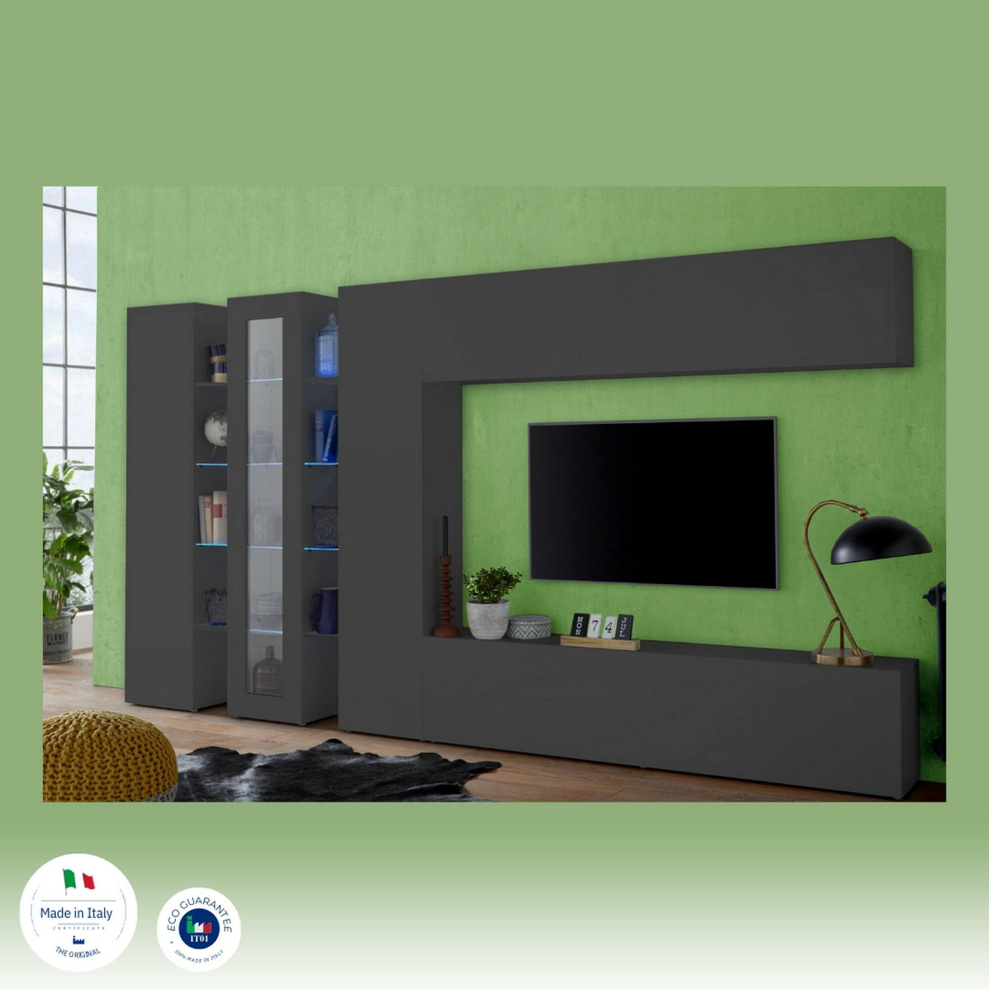 Dmora - Meuble Mural Ivano, Ensemble de Salon Meuble TV, Meuble de Salon avec vitrine et lumière LED, 100% Made in Italy, cm 320x30h180, Anthracite