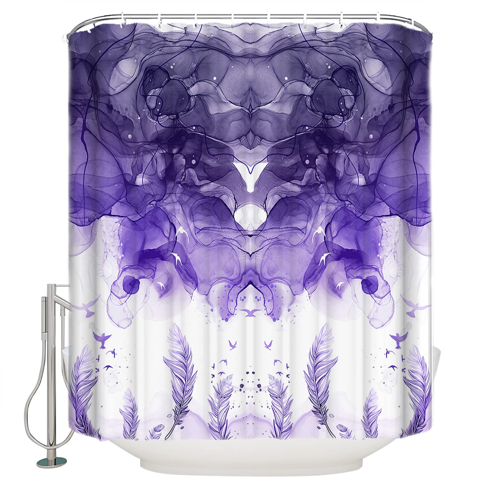 Comforance Birds and Feathers Shower Curtains, Waterproof Polyester Shower Curtain, Quick Drying Bath Accessories for Bathroom and Bathturb Decor Modern Art Purple Watercolor