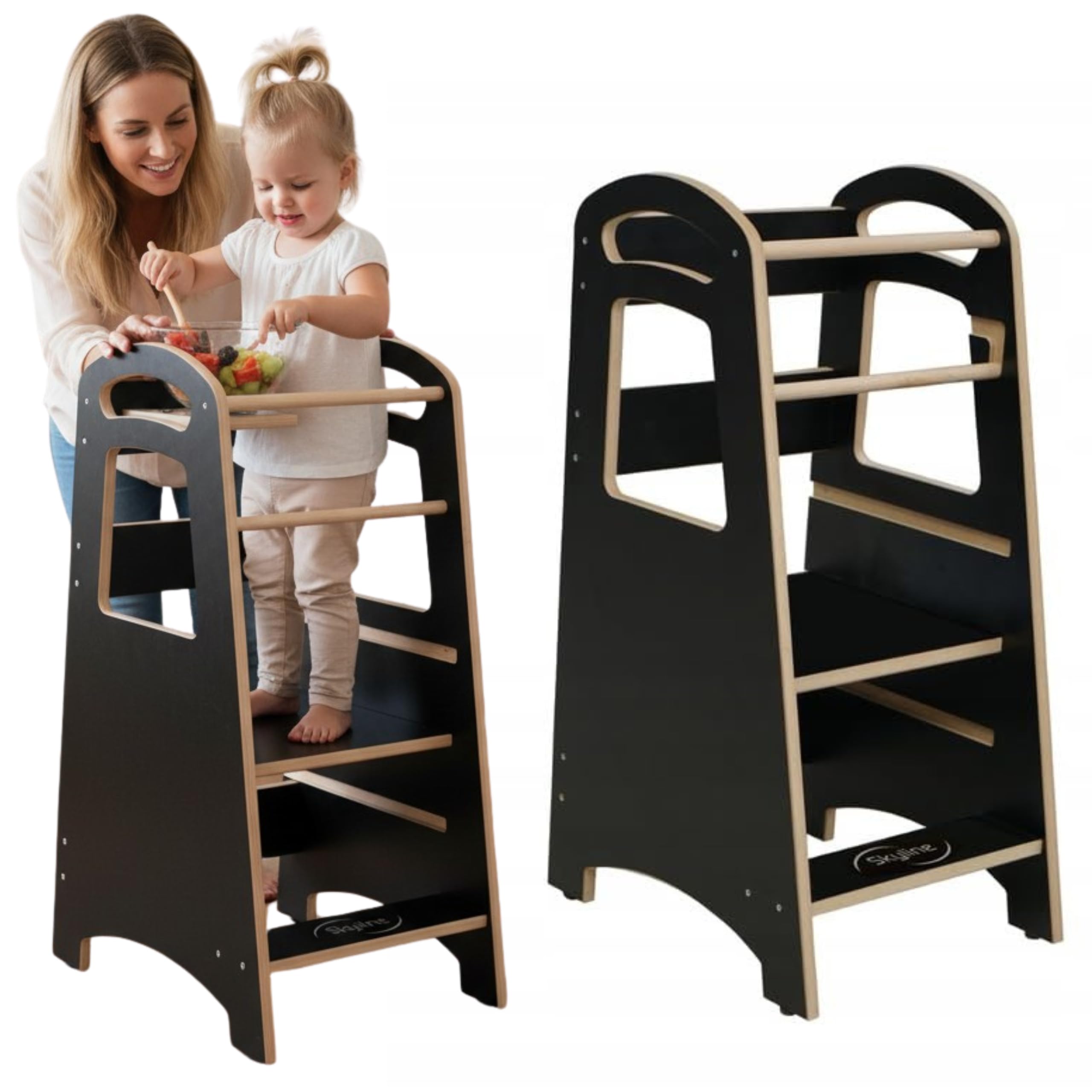 Tour d'apprentissage Montessori en cuisine : le marchepied noir Skyline Baby