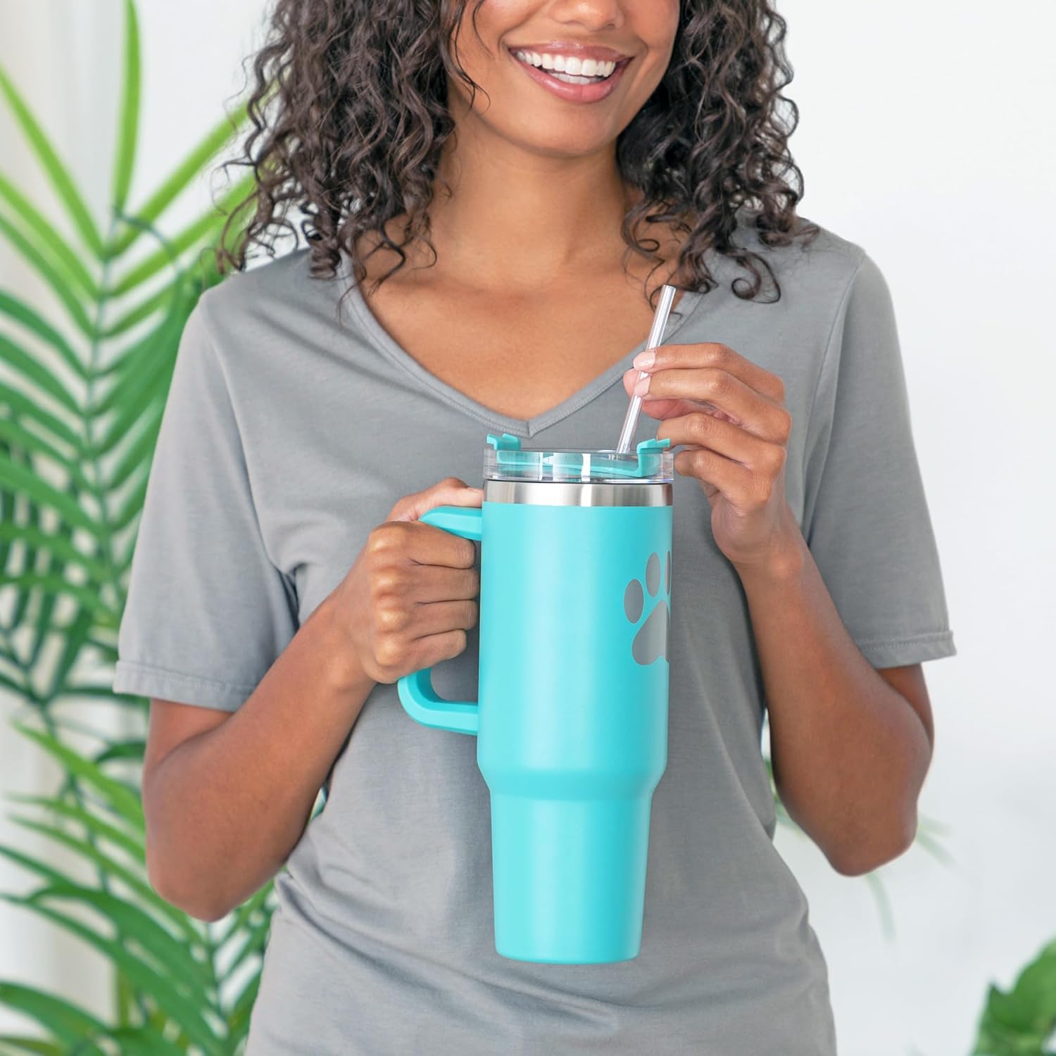 GreaterGood Paw Print Vacuum Insulated Stainless Steel 40oz Tumbler Handle Lid Straw Colorful Animal Print Travel Mug for Hot Cold Drinks - Image 3