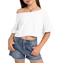 Girls Off the Shoulder Tops Crop Short Sleeve Tees | Rolled Cuffs, Loose Fit, Crop Tops, Dance, Summer, Oversized, Trendy