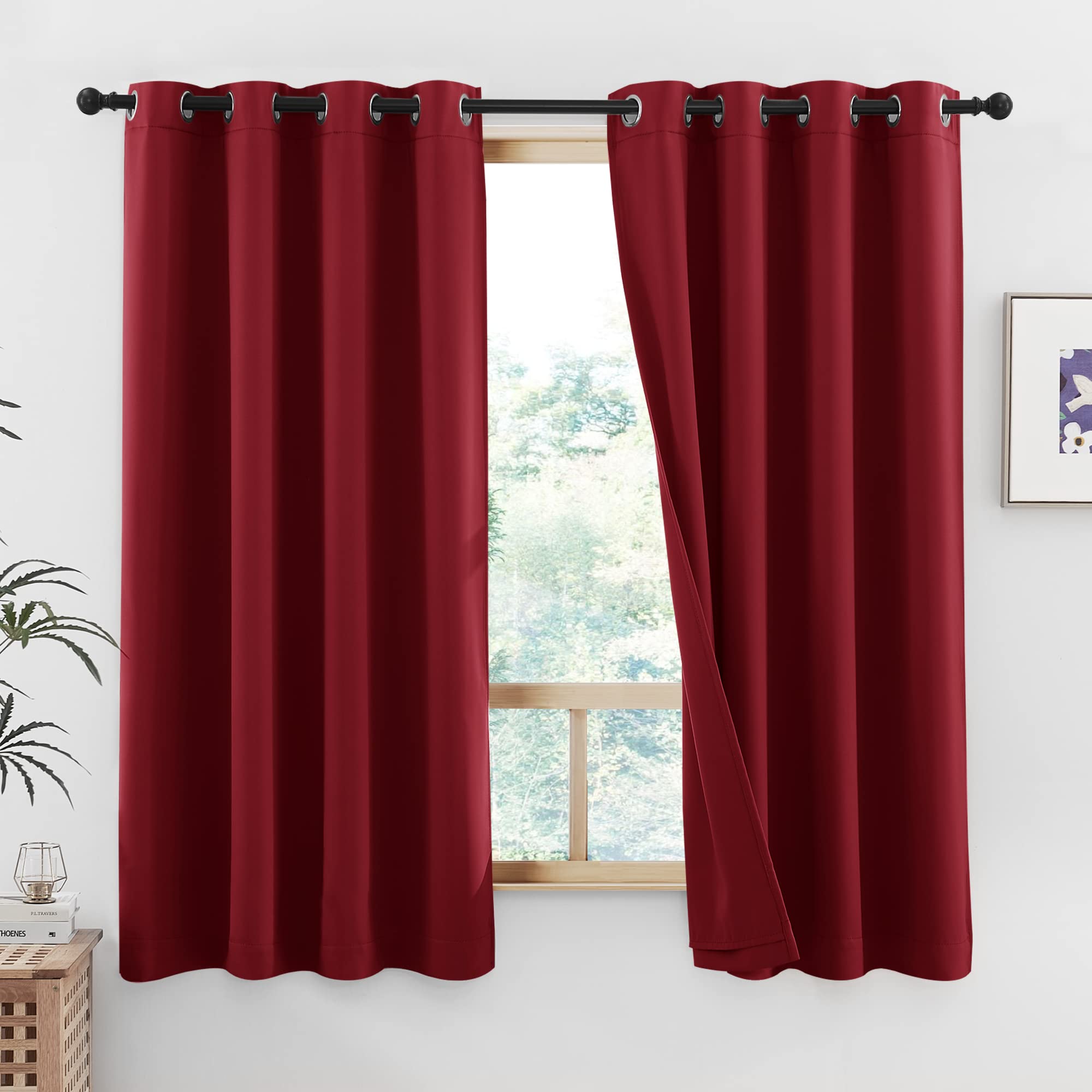 NICETOWN Kitchen Full Blackout Curtain Panels, Super Thick and Soft Insulated Window Covers, 100% Blackout Draperies with Same Color Backing for Cafe Window (Red, Set of 2 PCs, 52 by 45 Inch)