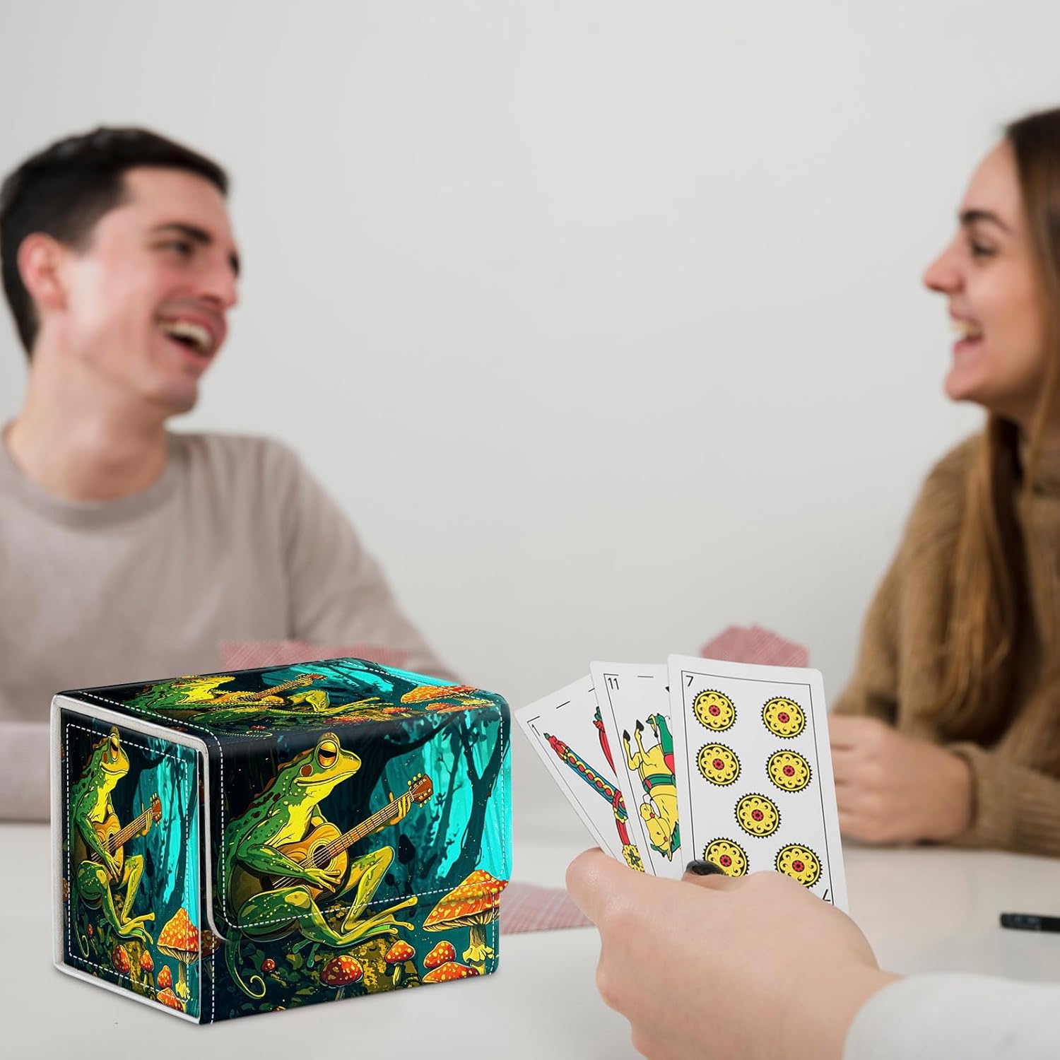 for MTG Commander Deck Box,Card Deck Box for Trading Yugioh MTG,Fits 100 Double Sleeved Cards,PU Leather Strong Magnet Case for Magic Commander TCG CCG,Cute Frog Mushroom