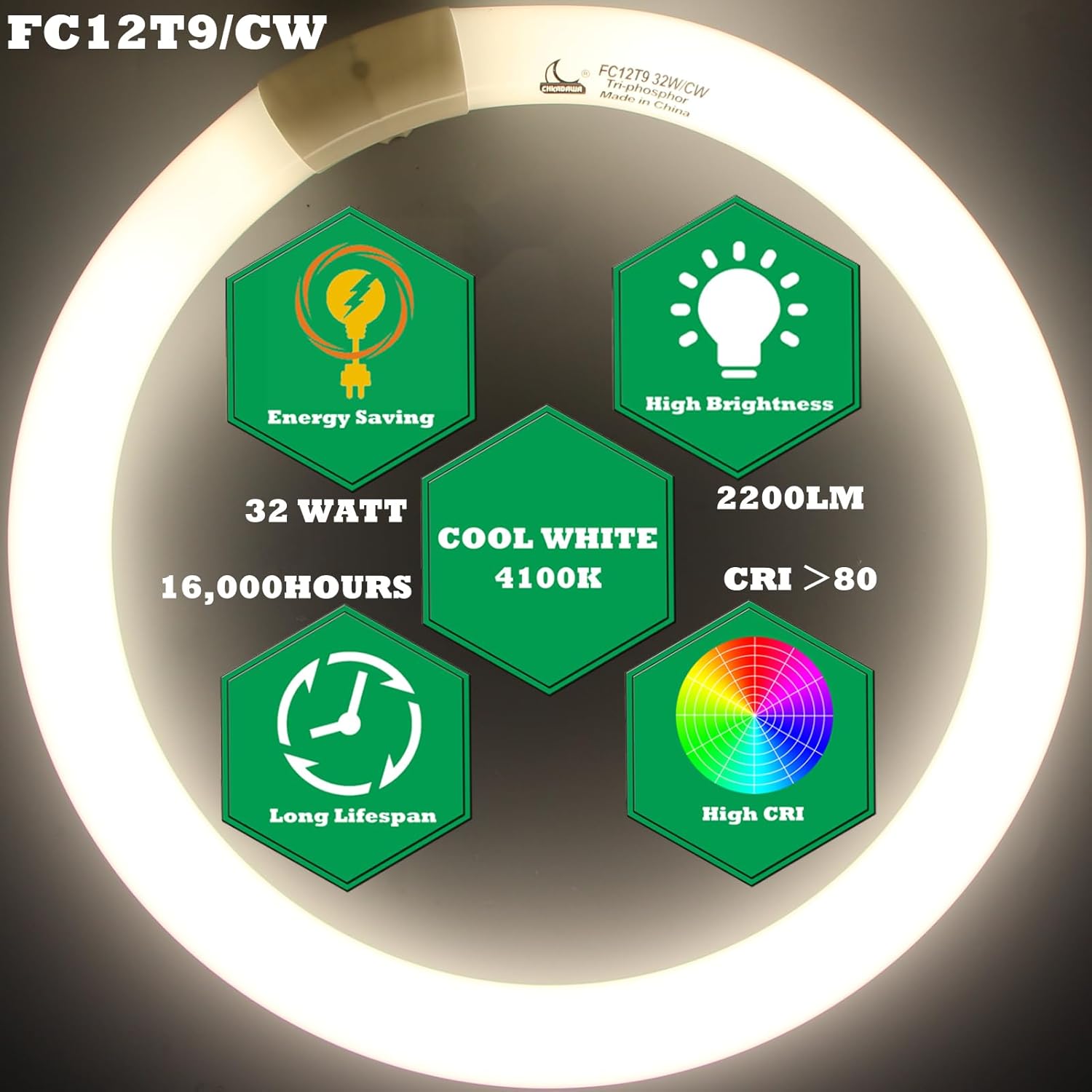 CHKADAWA FC12T9/CW 32W Cool White Round Fluorescent Light Bulb, 12 Inch T9 32 Watts Circular Bulbs, 12'' FCL 32 Circline Bulb 4100K 841, G10q 4 Pin Prong Base, 2 Pack