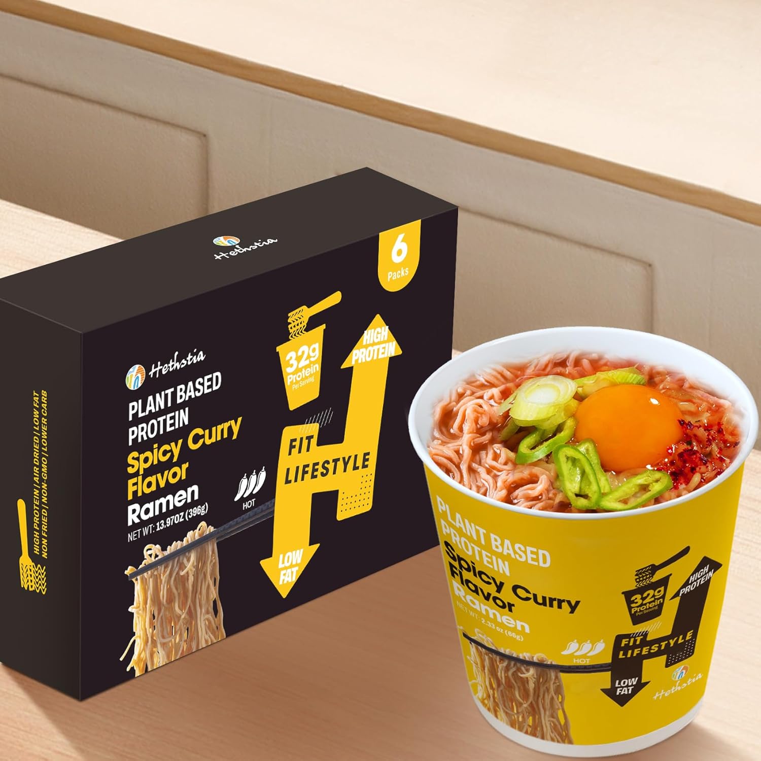 Hethstia Protein Ramen, Spicy Curry Flavor Pre-Packaged Ramen Soup Cup, 6-Pack Instant High-Protein Noodle Broth, 32g Plant Protein, Vegan, Low Fat, Air-Dried, Non-GMO, Healthy Meal