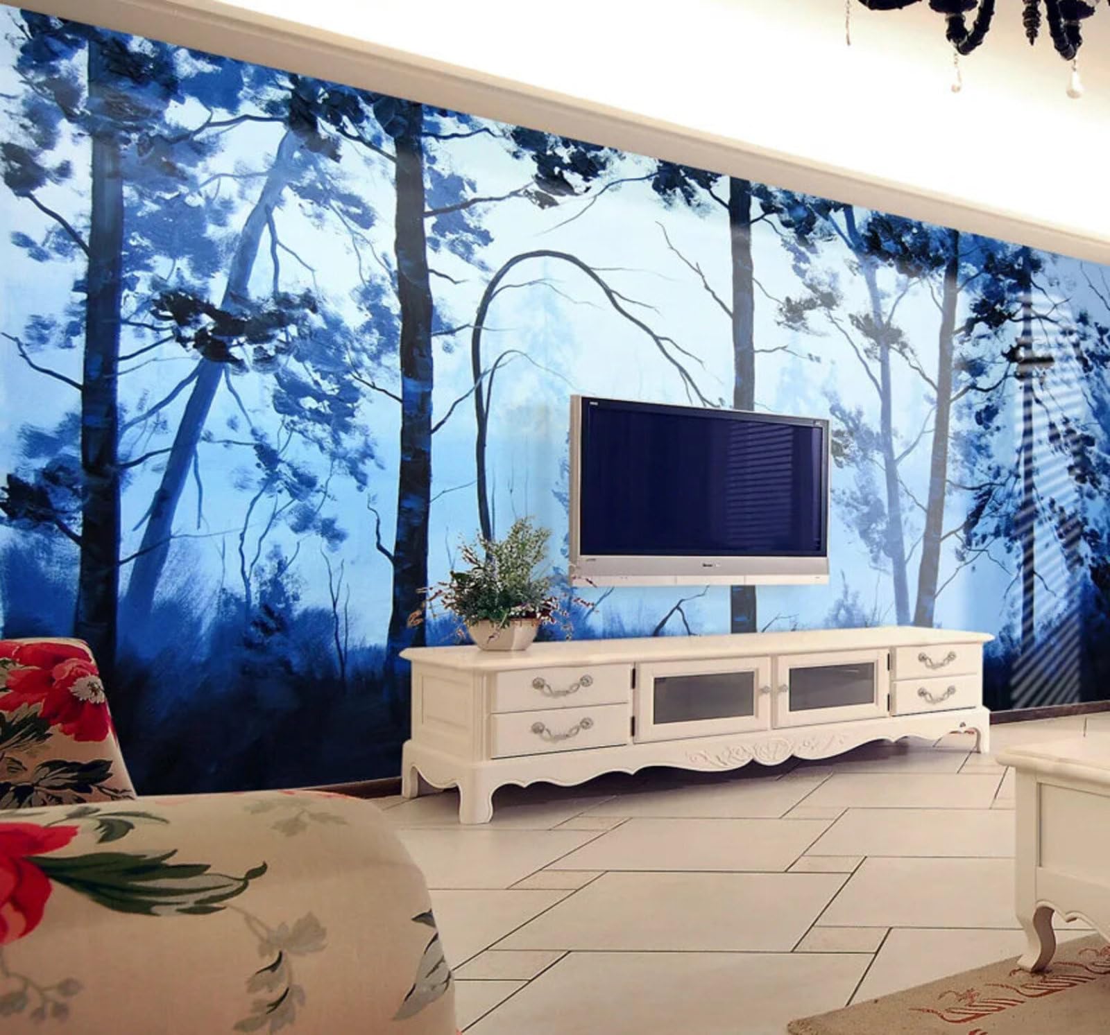 Xlming 250Cm×170Cm(B×H) Creative Hand Drawn Blue Forest Landscape 3D Wallpaper Silky Texture Home Study Office Grey Dining Room Sofa Bedroom Living Room Tv Backdrop-250Cm×170Cm
