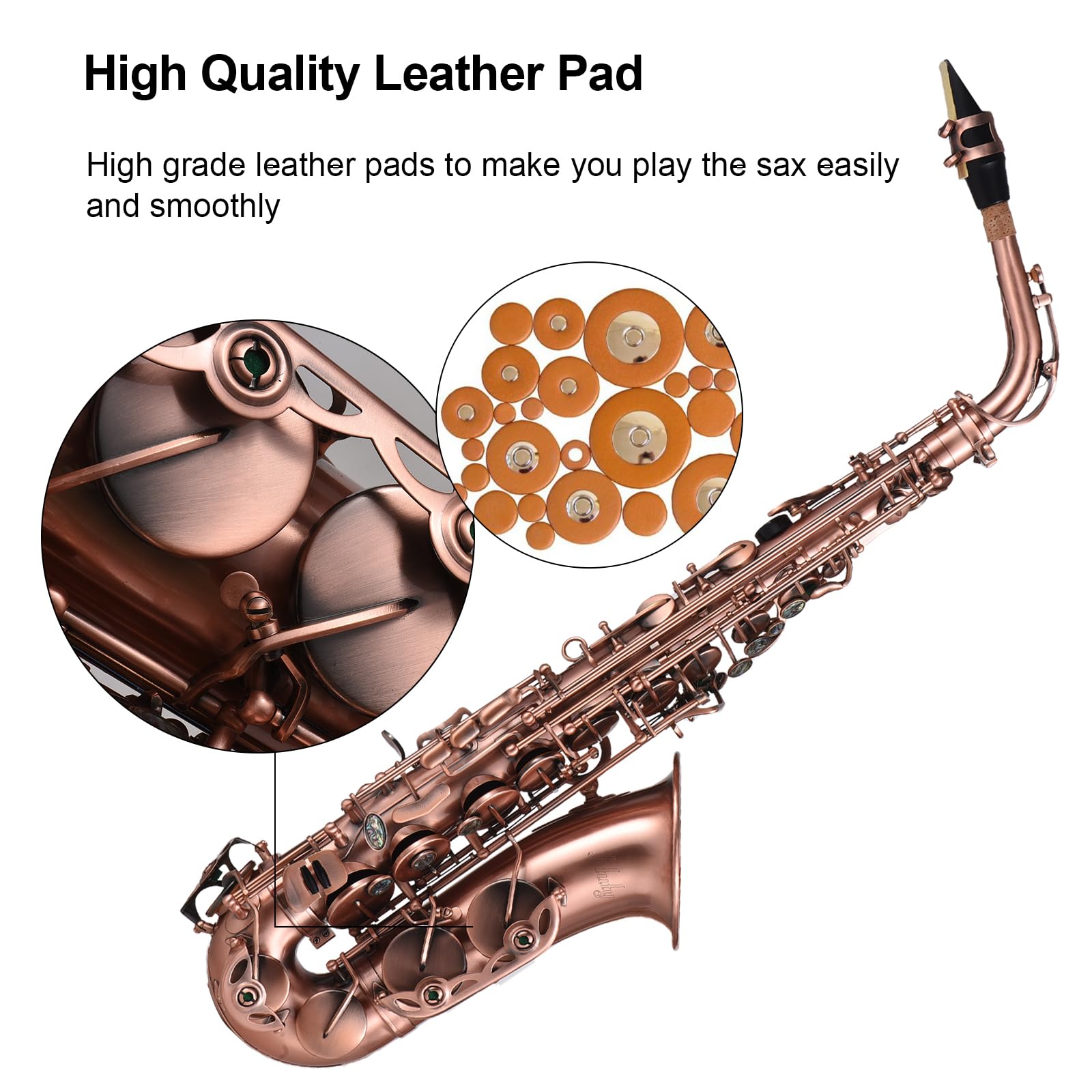 Saxophone alto E-Flat Red Bronze, F#, incrustations clés coquille d'ormeau, coussinets cuir résistant eau, livré étui, gants, chiffon nettoyage, sangles, brosse