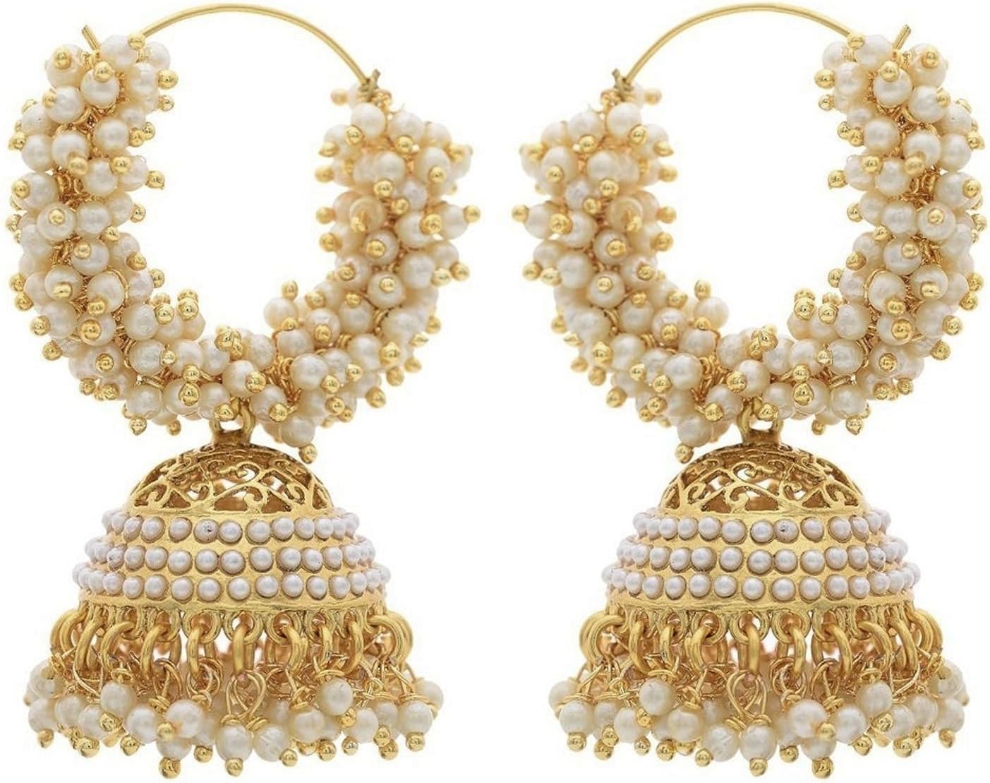 WUJO Pearl Beaded Gold Plated Jhumka Bali Hoop Earrings Jewellery for Women and Girl