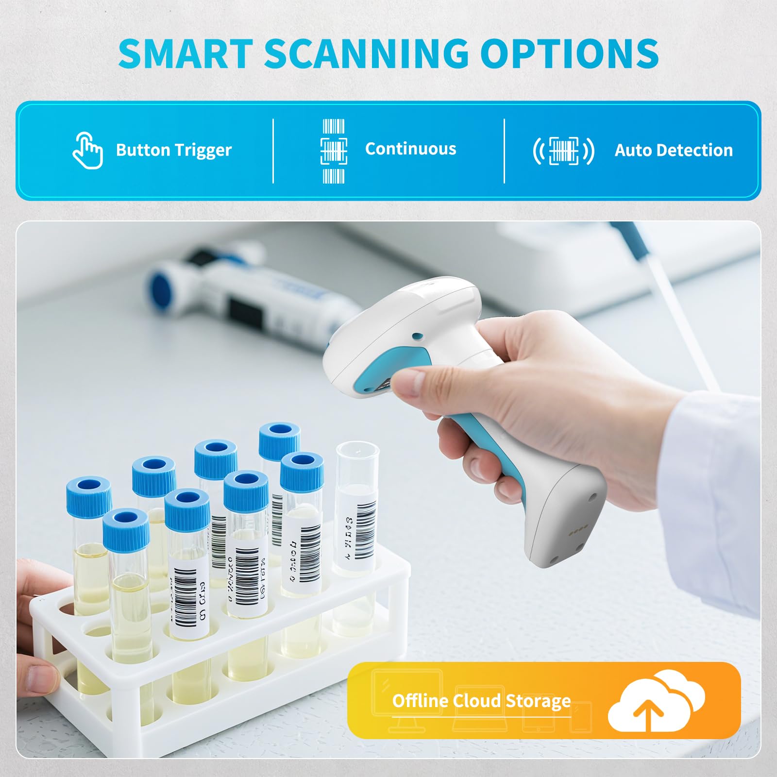 NETUM RD-1962 Scanner Barcode 1D/2D Wireless Blu-Bianco Antimicrobico, Sensore CMOS 1280×800, 2.4G + Bluetooth, Design IP67 Resistente, Modalità Hands-Free per Cliniche e Ospedali