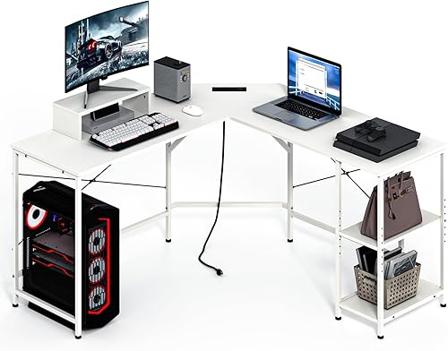 Maxtown - Escritorio para computadora en forma de L con estantes, escritorio de oficina en casa con soporte para monitor y estantes de