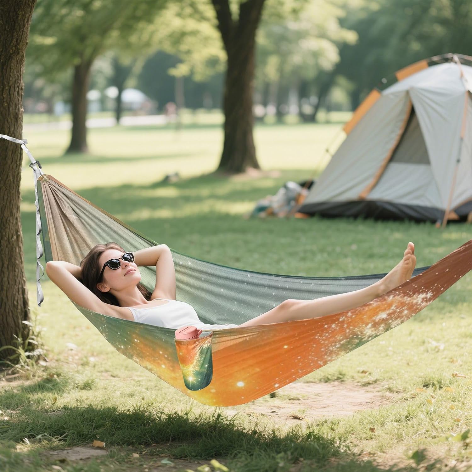 Orange Green Romantic Starry Sky Universe Hammocks for Camping with Tree Straps Hanging Hammock for Outside Beach Patio Garden