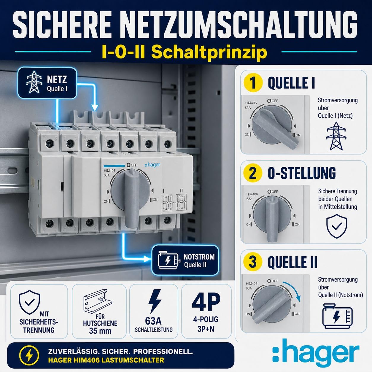HAGER HIM406 Lastumschalter 63A 4-polig 3P+N für Hutschiene 35mm, Umschalter mit Sicherheitstrennung I-0-II, Lasttrennschalter 400V AC 41kW nach DIN EN 60947-3, 8TE Modulgerät
