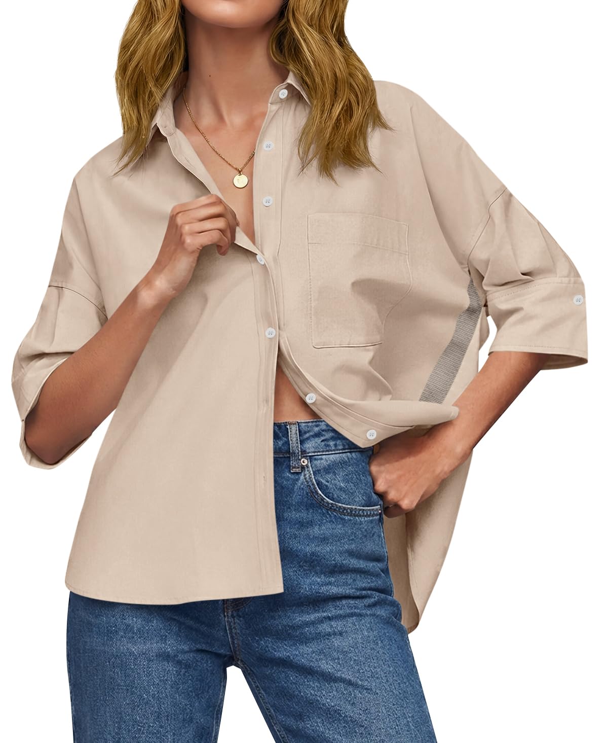 Womens Oversized Button Down Shirts Half Sleeve Collared Tops