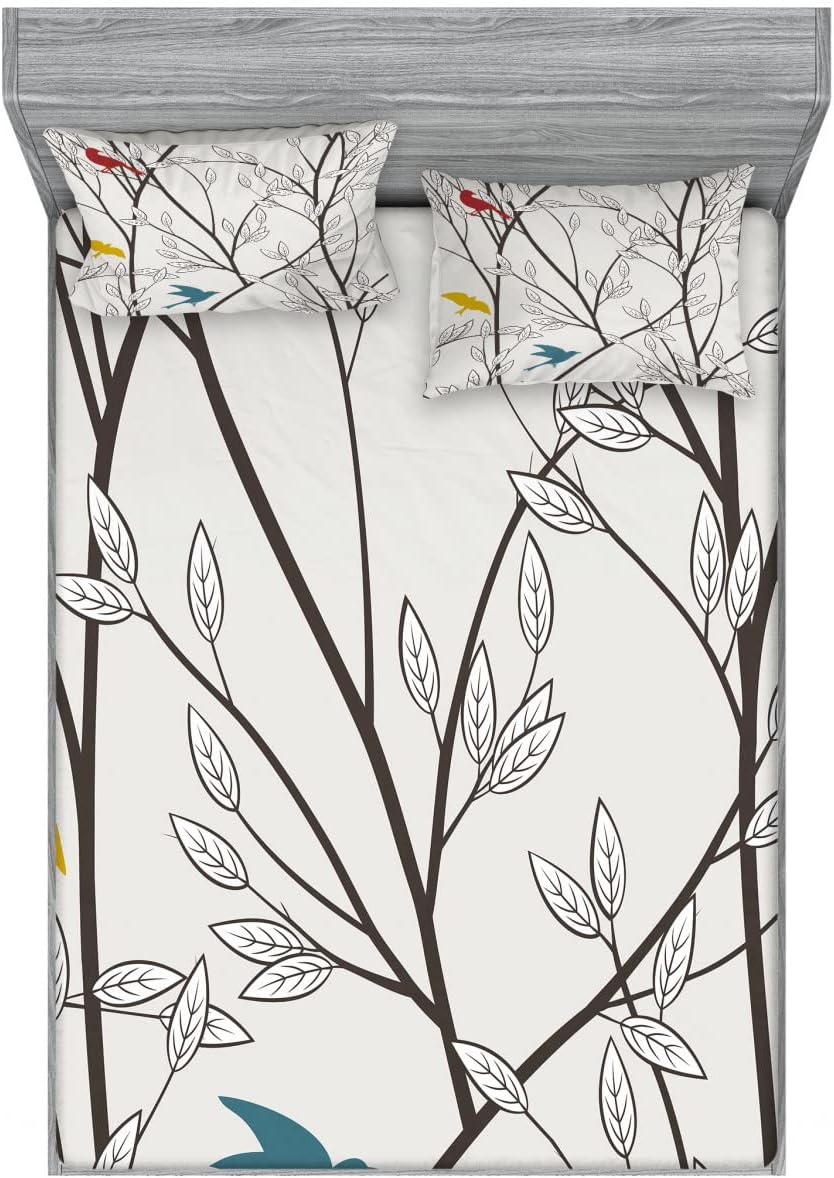 Ambesonne Nature Fitted Sheet & Pillow Sham Set, Birds Wildlife Cartoon Like Image with Tree Leaf Art Print, Decorative Printed 6 Piece Bedding Decor Set, Queen, Mustard Maroon