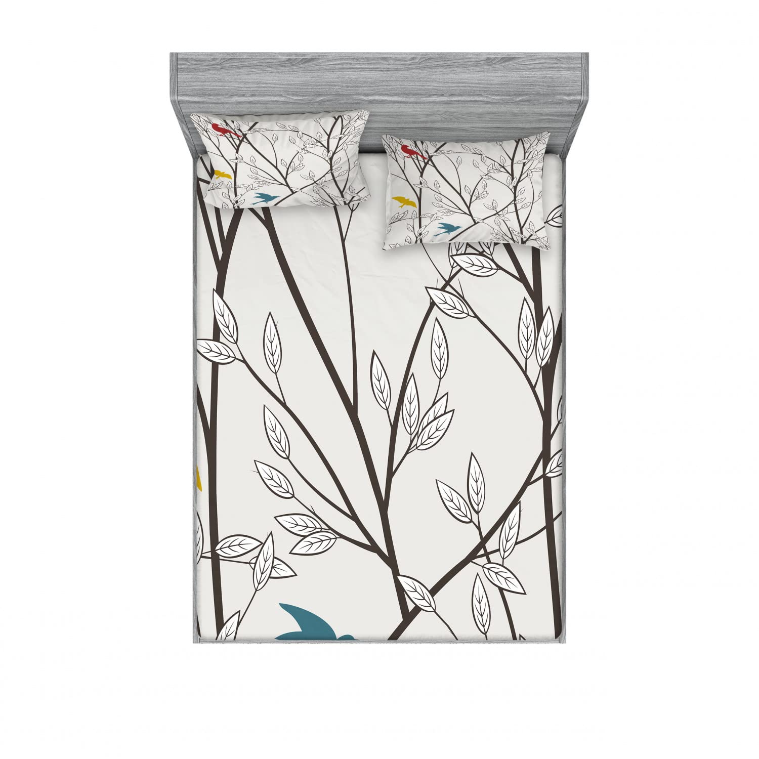 Ambesonne Nature Fitted Sheet & Pillow Sham Set, Birds Wildlife Cartoon Like Image with Tree Leaf Art Print, Decorative Printed 6 Piece Bedding Decor Set, Full, Mustard Maroon