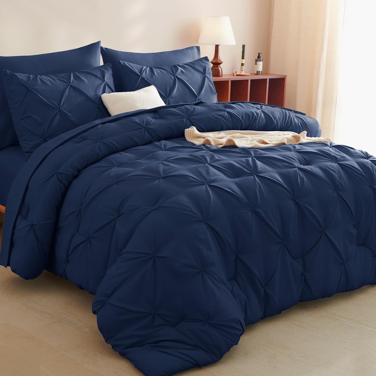 CozyLux Navy Blue Comforter queen size Size - 7 Pieces Comforter Full Size, Pintuck Bed in A Bag Pinch Pleat Bedding Sets with All Season Comforter, Flat Sheet, Fitted Sheet and Pillowcases & Shams