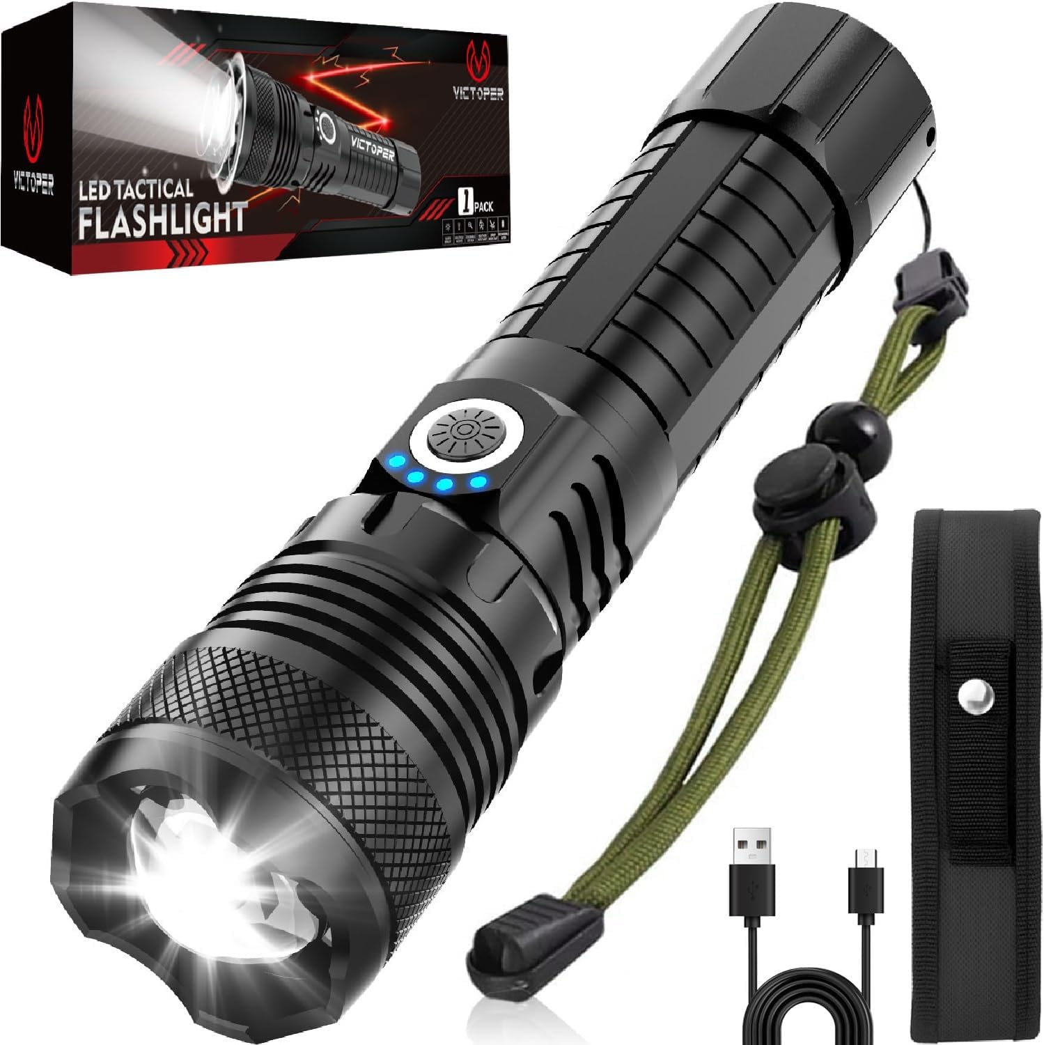 LED Flashlights, High Powered High Lumens Super Bright Tactical Flashlight, Rechargeable, 5 Modes Zoomable Waterproof Flash Lights for Emergency, Outdoor, Home, Camping, Hiking
