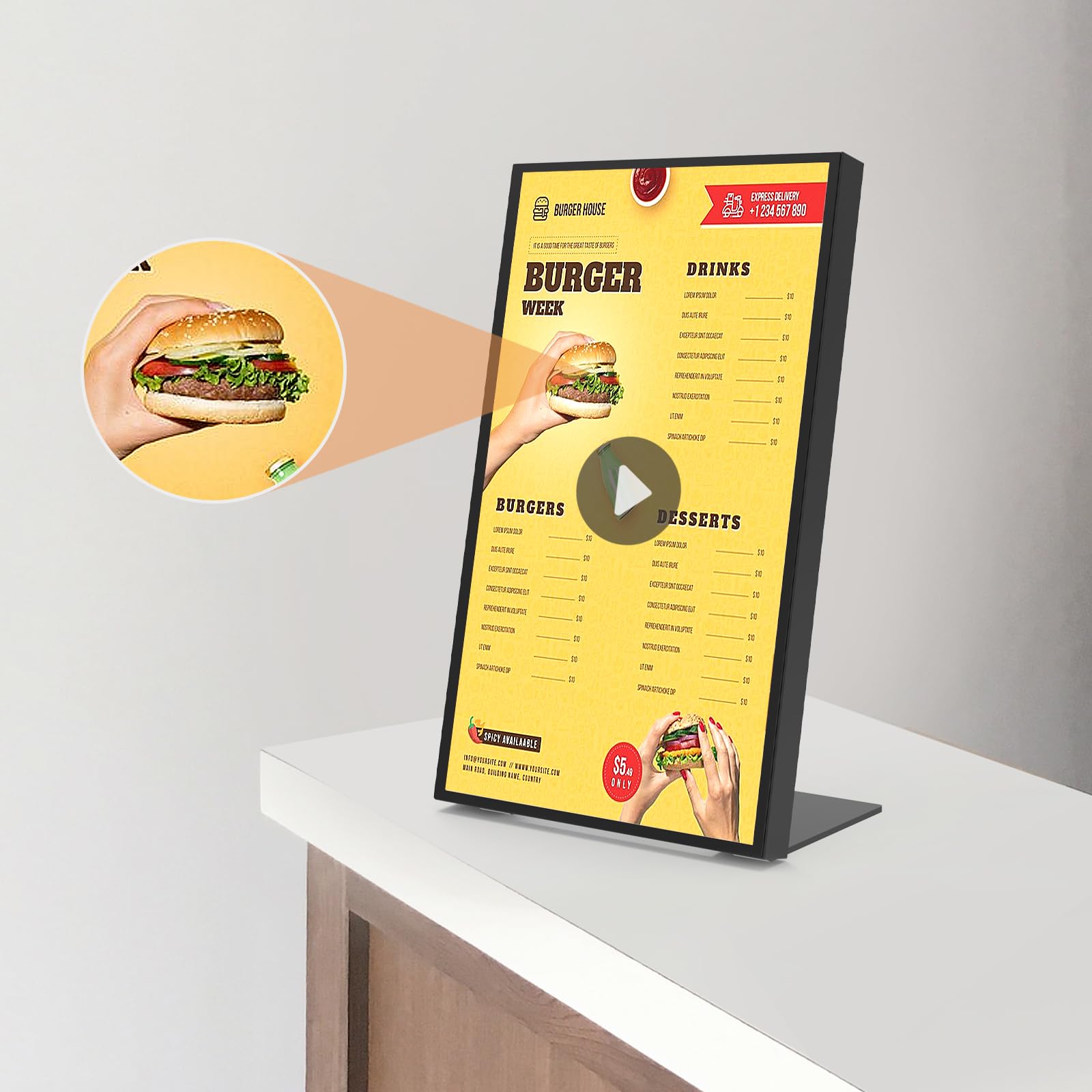 18,5 Zoll Desktop Menüboard, 2K FHD, 700 Nits, CMS, HDMI/WLAN | Desktop Werbedisplay mit 2K FHD, 700 Nits und CMS – ideal für Restaurants, Cafés, Hotels und Einzelhandel.