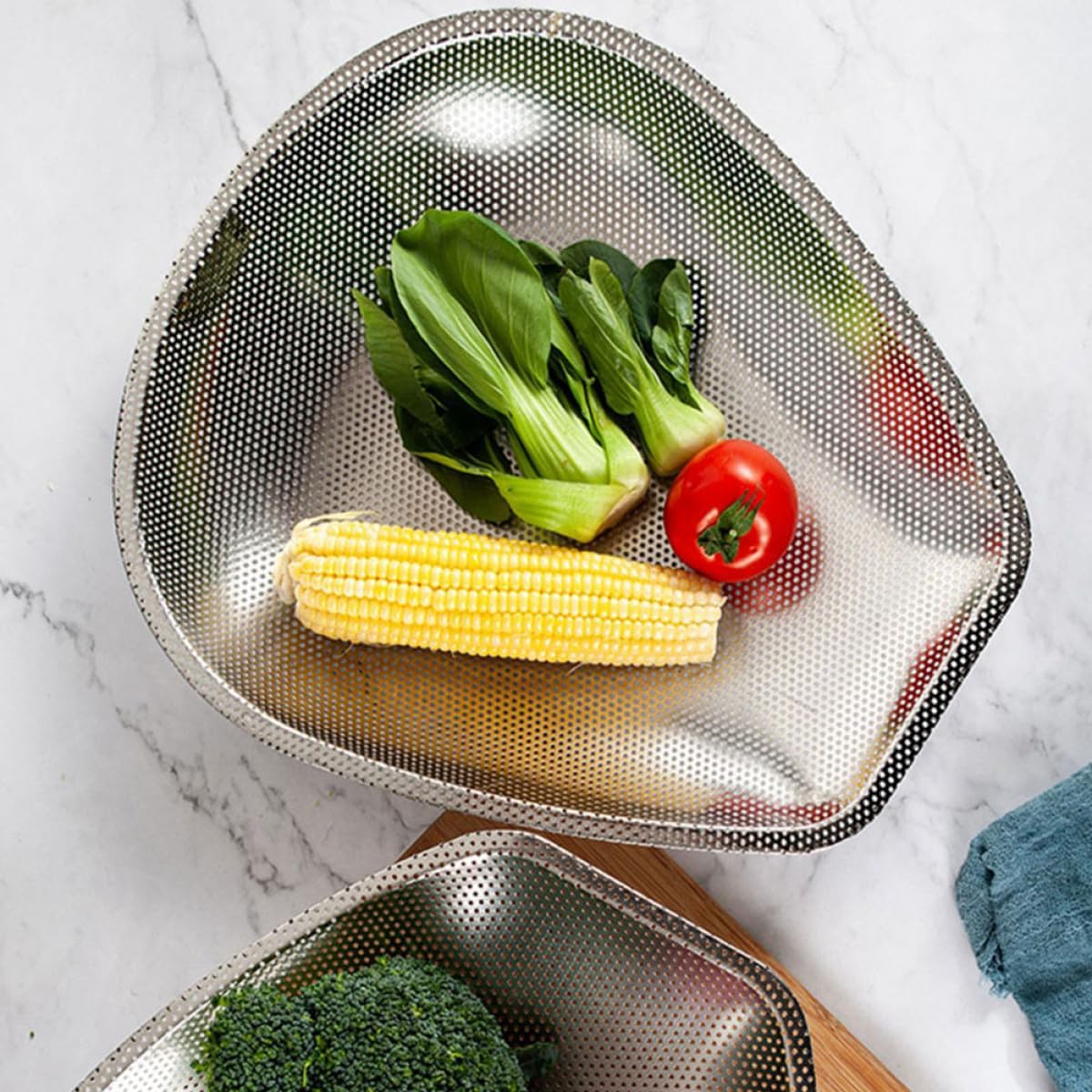 Stainless Steel Vegetable Washing Holder with Fine Mesh Strainer, Metal Drain Basket for Kitchen, Fruit Colander Basin Suitable for Washing and Draining Fruits and Vegetables