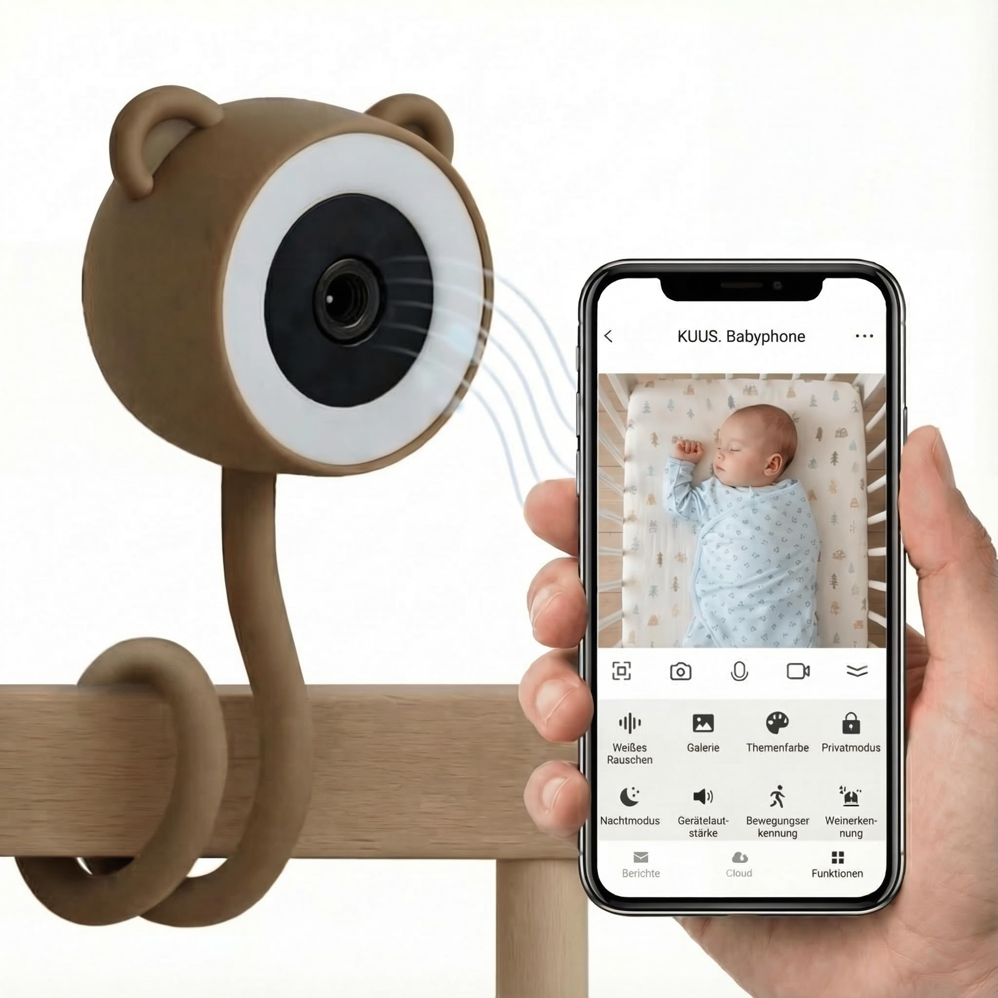 KUUS. Babyphone mit Kamera und APP 2K, Babyphone ohne Monitor WLAN mit App, Nachtlicht. Weißes Rauschen, White Noise Einschlafhilfe, BabyKamera