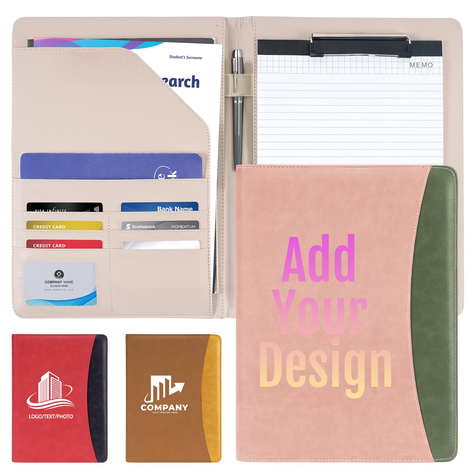 ENOMY A4 Personalised Portfolio PU Leather Folder Waterproof PU Certificate Holder Custom Conference Document Organiser for Business Travel Office Meetings Professional Gift Idea Pink
