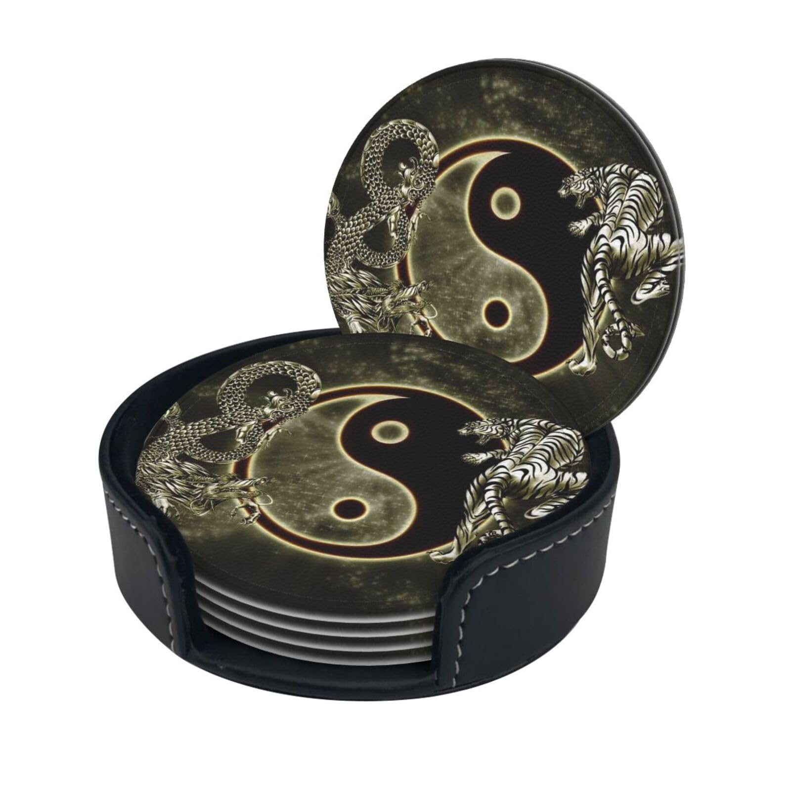Wquvmds White Yin Yang Dragon Tiger Print Coasters For Drinks With Holder Set Of 6, Pu Leather Coasters Drink Coasters Cup Pad Mats