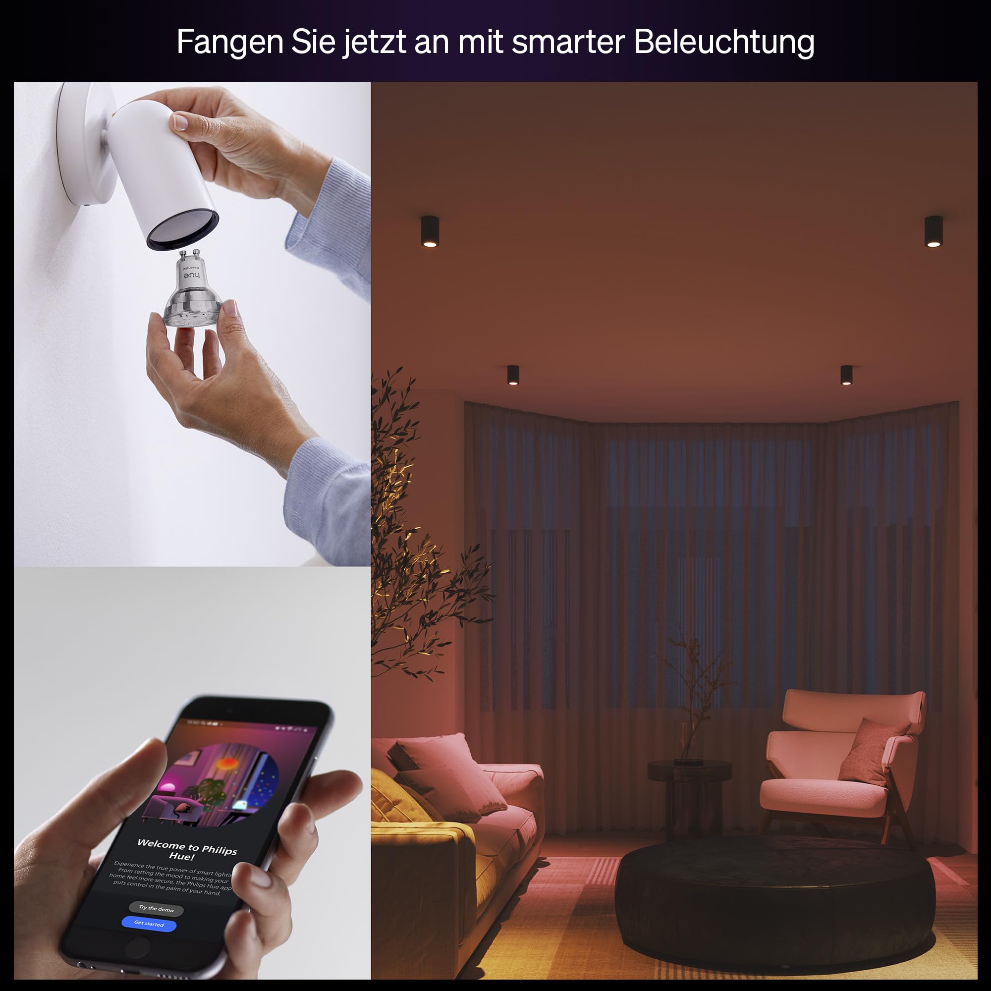 Philips Hue Essential Smart LED GU10 Spotlight, Weiß und Farbe, 345 lm Energiesparlampen, dimmbar, LED Leuchtmittel kompatibel mit Alexa, Google Assistant und Apple Home, 4er Pack