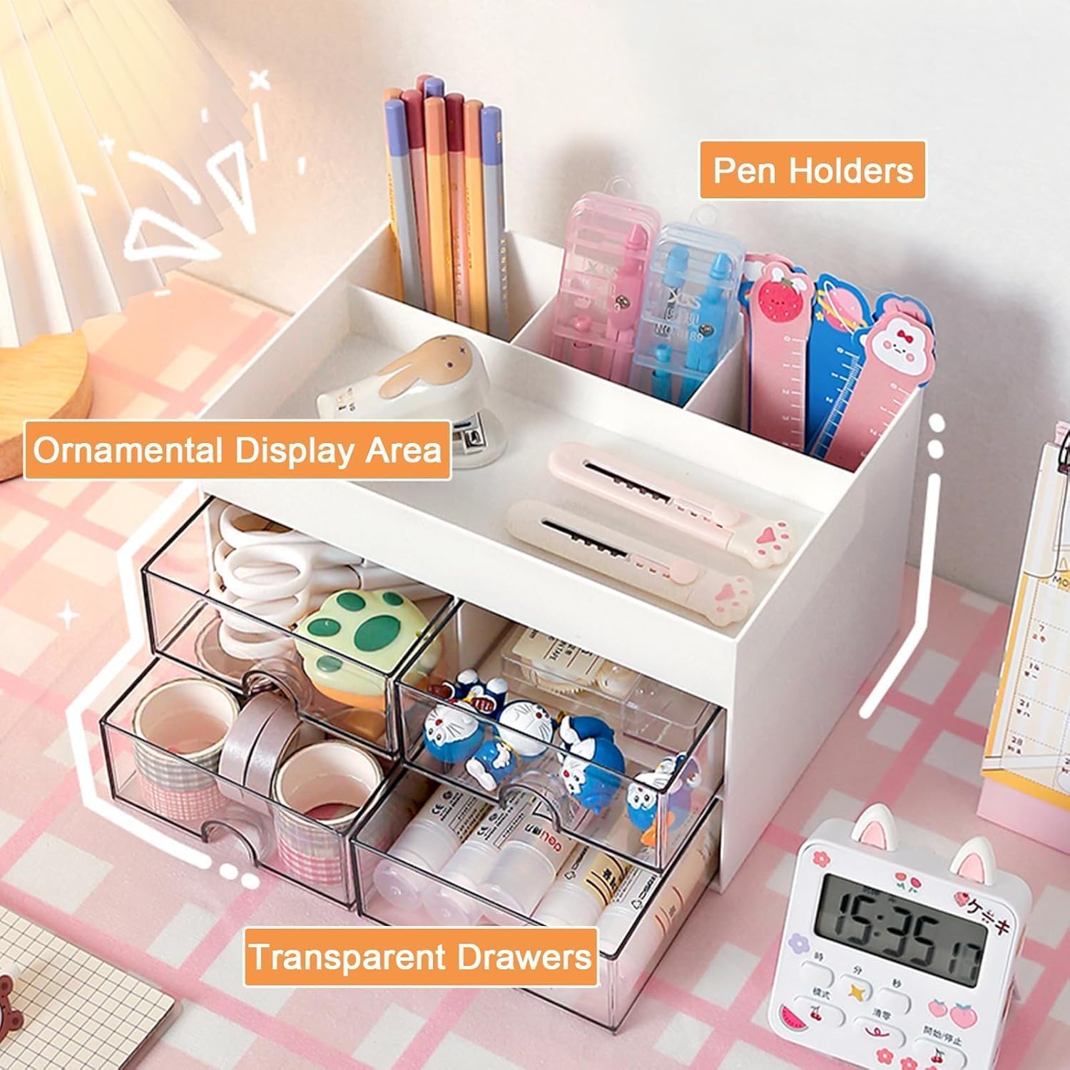 Zollyss Organizer da scrivania multifunzionale in plastica con 4 scomparti e 4 cassetti, organizer da scrivania per articoli di cancelleria, organizer per cosmetici, per penne, cucitrici, clip