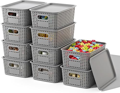 Vista 12 de Cesta de almacenamiento de plástico con tapas, paquete de 10 contenedores apilables de colores con tapa, cajas de almacenamiento decorativas