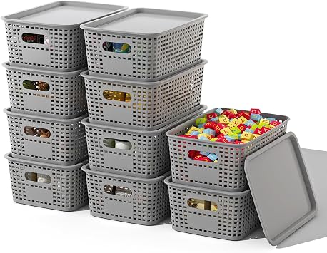 ORGIDOL Plastic Storage Basket with Lids 10 Pack Stackable Storage Bins Containers with Lid, Decorative Storage Boxes for Organizing Shelves, Drawers, Playroom, Classroom, Office, Closet, Grey