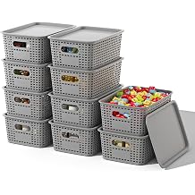 ORGIDOL Plastic Storage Basket with Lids 10 Pack Stackable Storage Bins Containers with Lid, Decorative Storage Boxes for Organizing Shelves, Drawers, Playroom, Classroom, Office, Closet, Grey