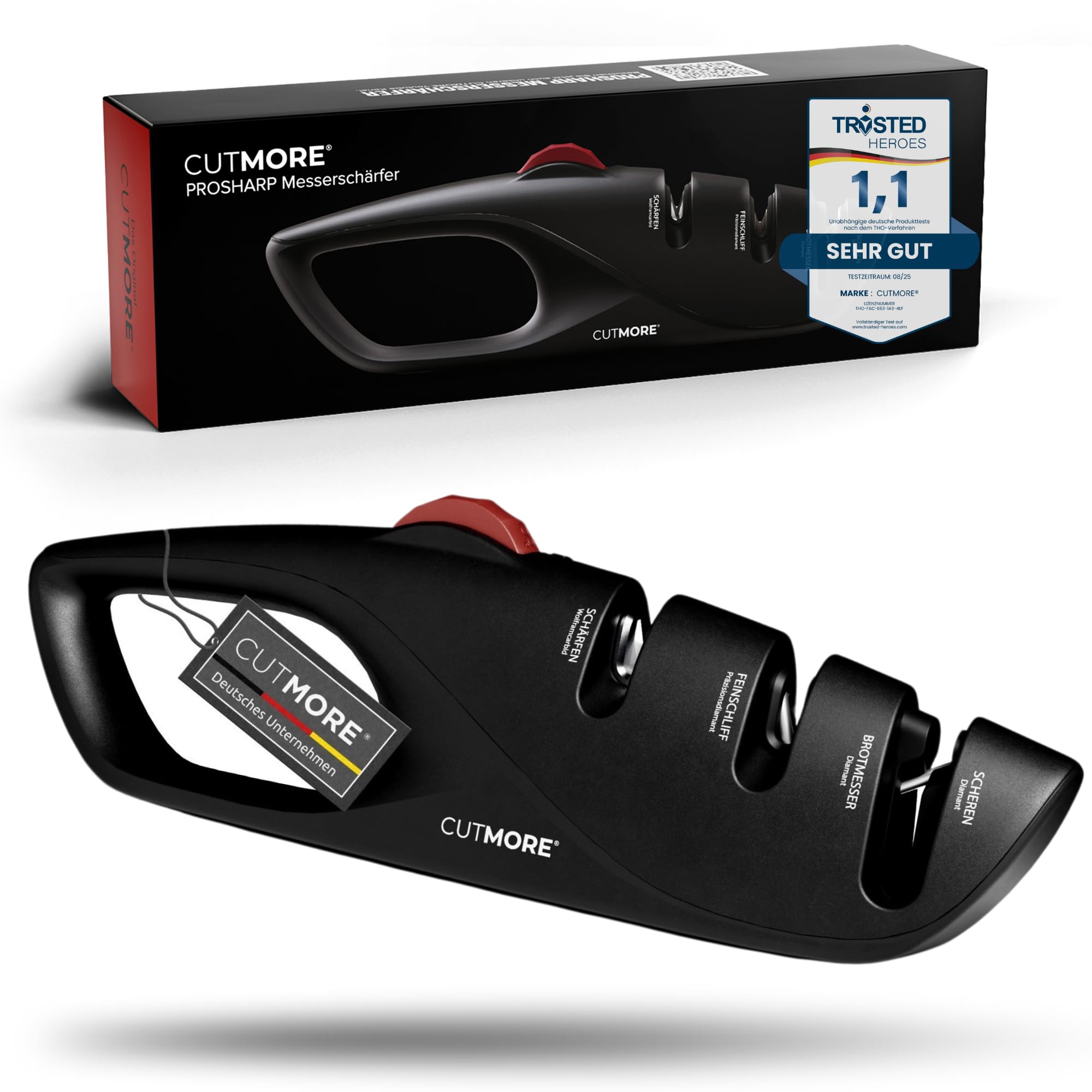 CUTMORE® ProSharp Messerschärfer mit Winkeleinstellung 15°–24° – Diamant Messerschleifer für japanische & Damastmesser – schärft Wellenschliff, Brotmesser & Scheren – Profi Schärfer manuell